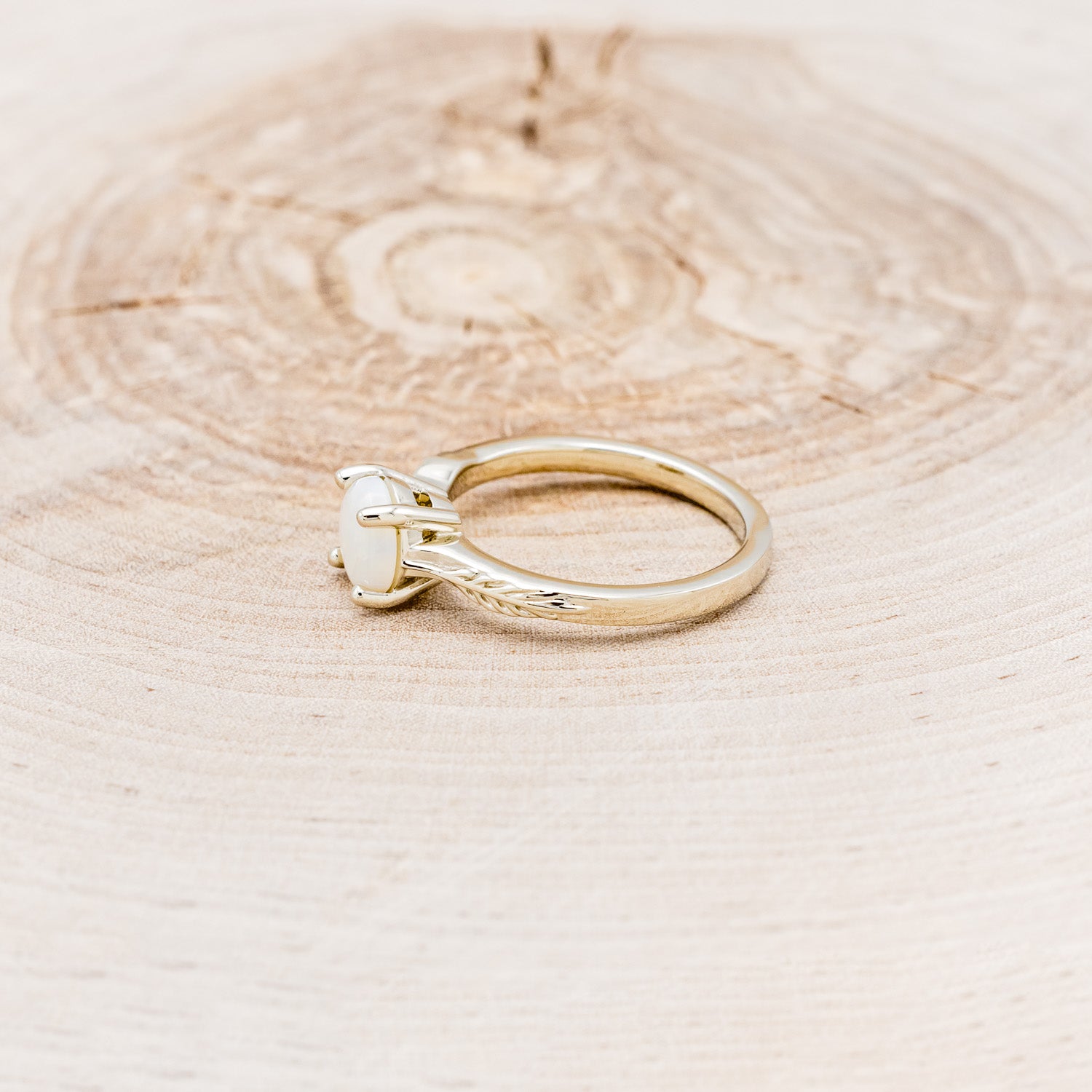 "HOPE" - ROUND CUT OPAL SOLITAIRE ENGAGEMENT RING WITH FEATHER ACCENTS-9