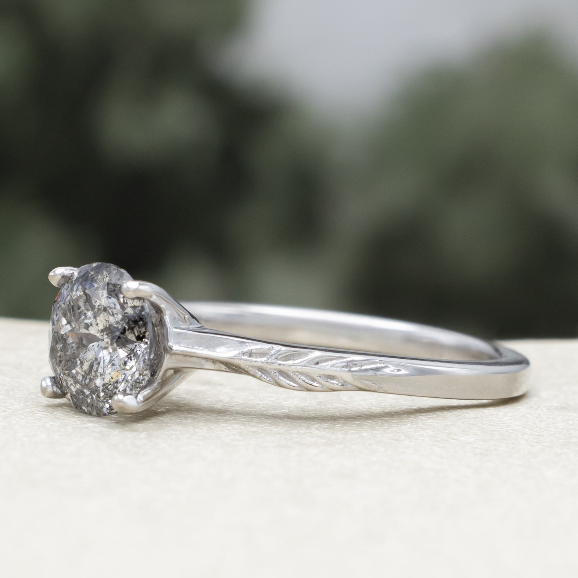 White gold ring with round salt & pepper diamond in front of a blurred green background