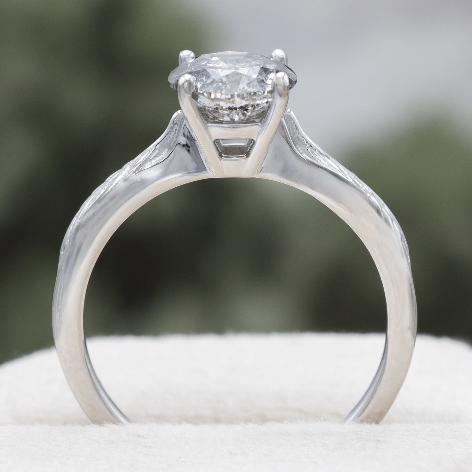 White gold ring with round salt & pepper diamond in front of a blurred green background