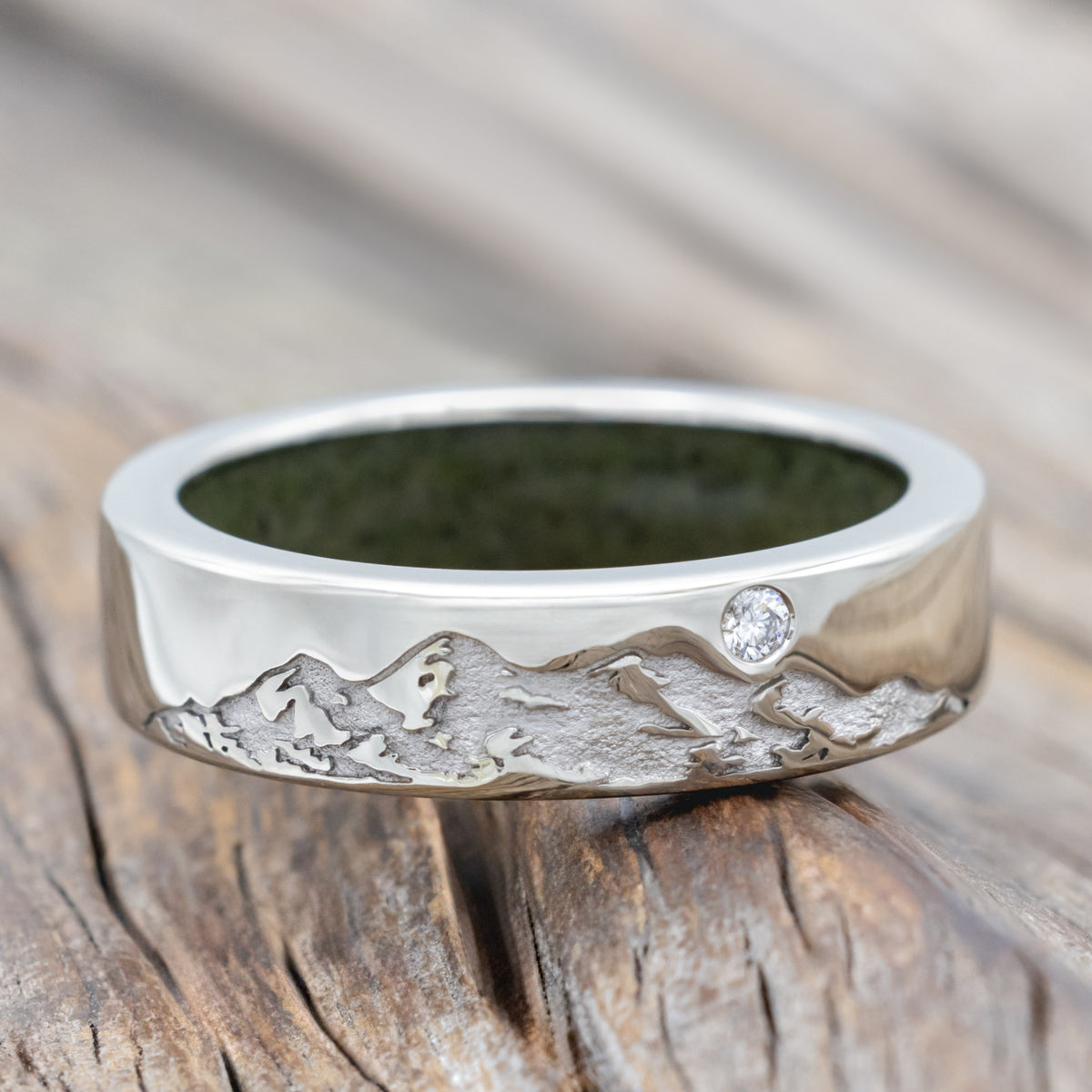 "Horizon" - Mountain Engraved Wedding Band With Custom Lining & Diamond Accent-Staghead Designs