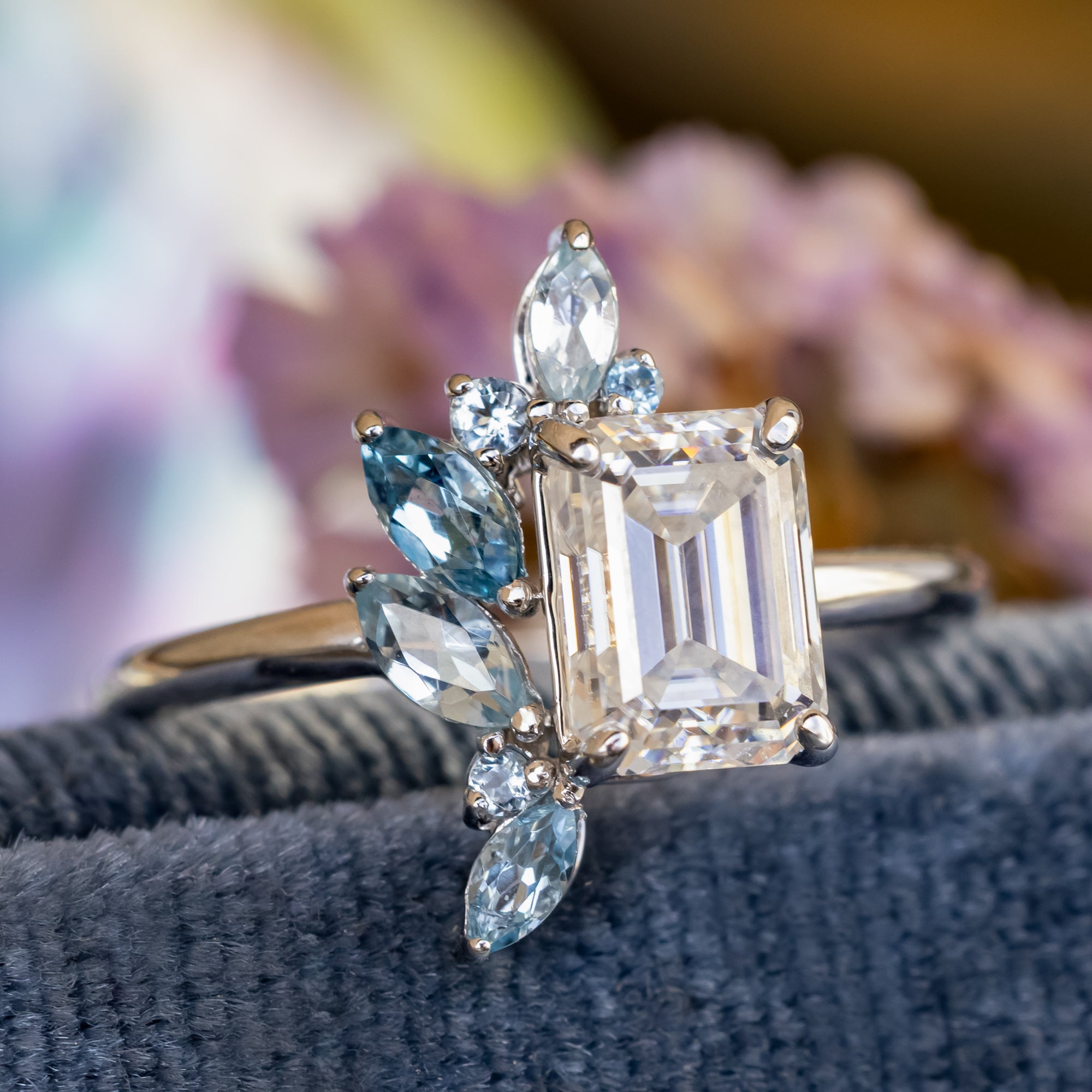 "ISABELLA" - EMERALD CUT MOISSANITE ENGAGEMENT RING WITH AQUAMARINE ACCENTS-Staghead Designs