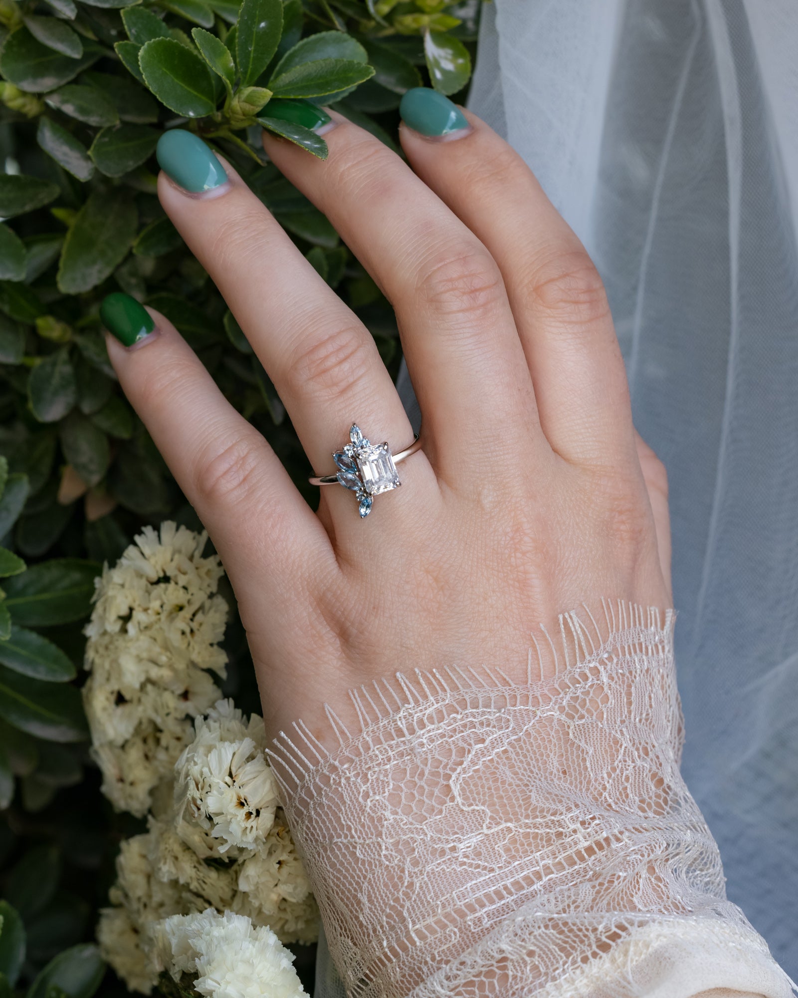 "ISABELLA" - EMERALD CUT MOISSANITE ENGAGEMENT RING WITH AQUAMARINE ACCENTS-Staghead Designs