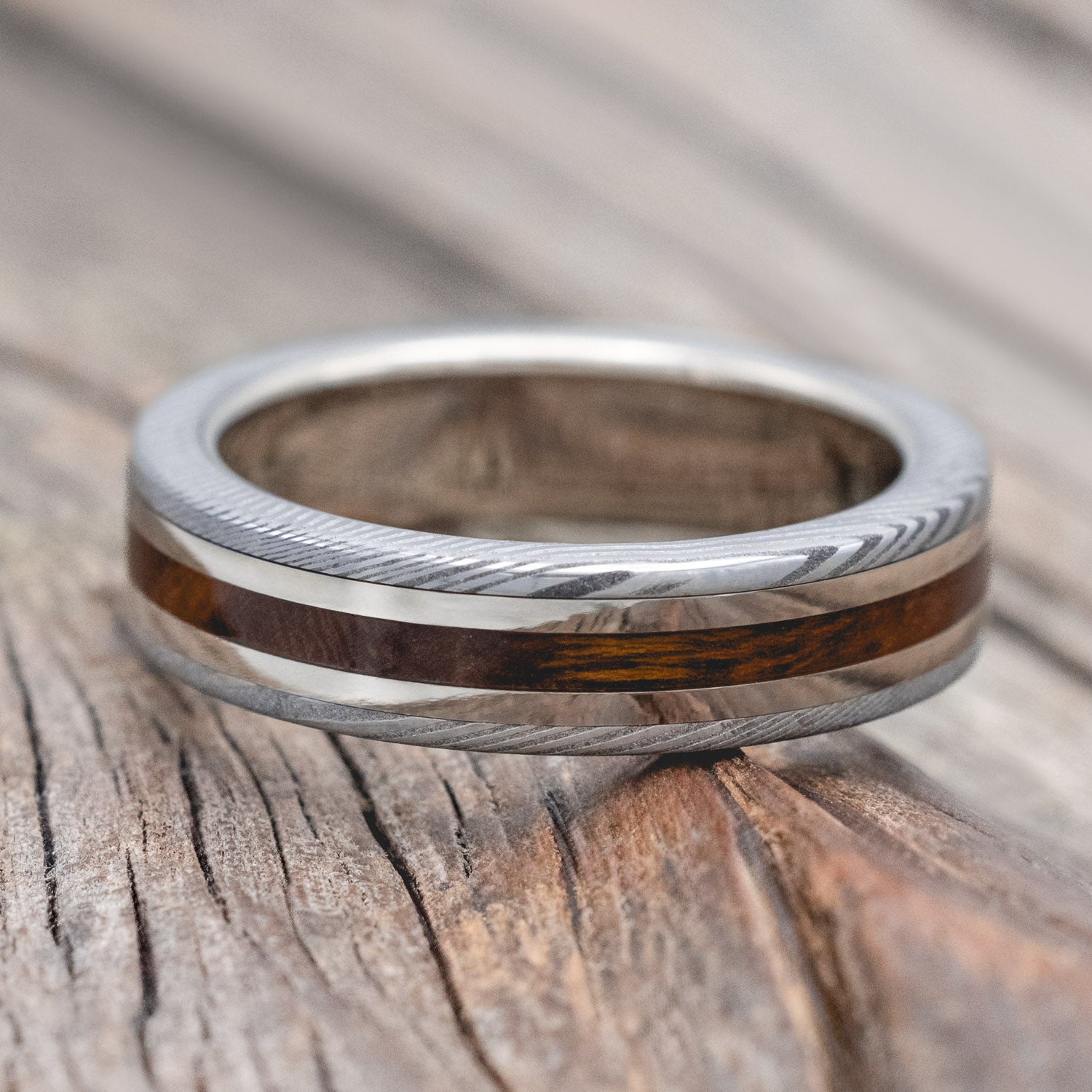 "KALDER" - IRONWOOD & 14K GOLD INLAYS WEDDING RING FEATURING A DAMASCUS STEEL OVERLAY-Staghead Designs