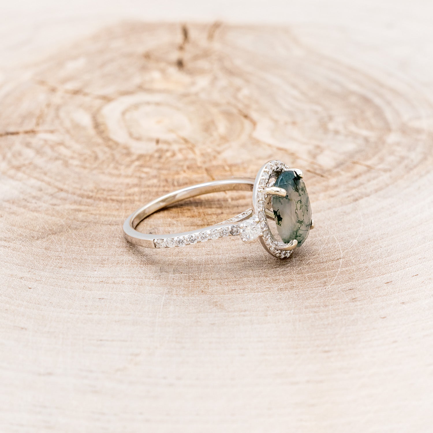 "KB" - OVAL MOSS AGATE ENGAGEMENT RING WITH DIAMOND HALO & ACCENTS-2