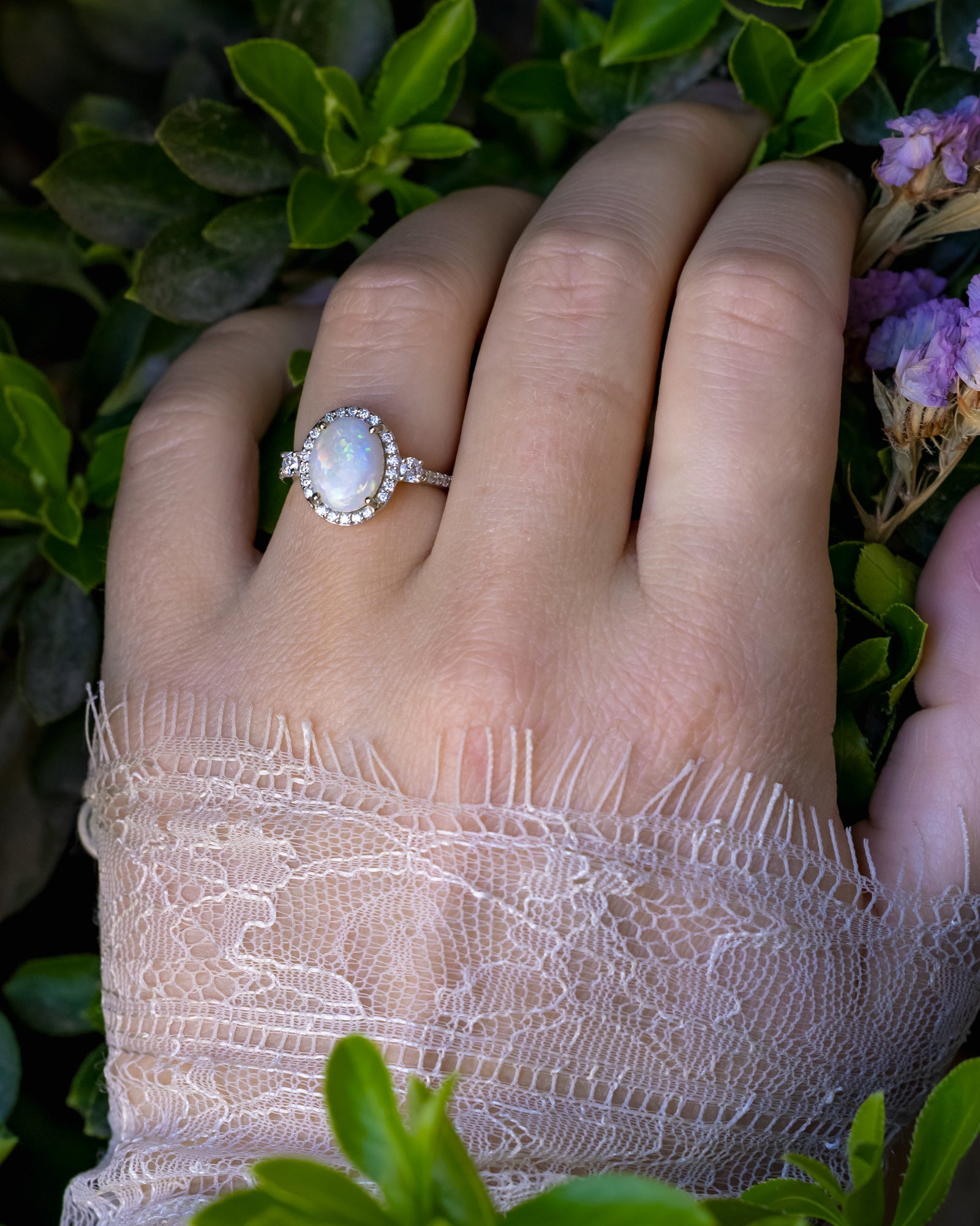 "KB" - Oval Cabochon Cut White Opal Engagement Ring With Diamond Halo & Accents - 14K White Gold - Size 7