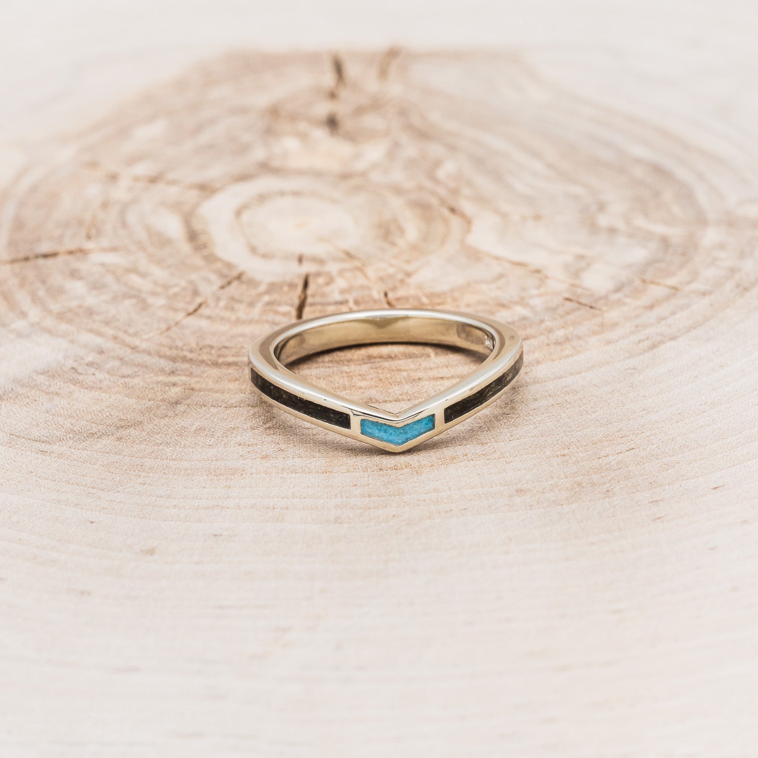 "KIDA" - BUCKEYE BURL WOOD & TURQUOISE INLAYS STACKING BAND-4