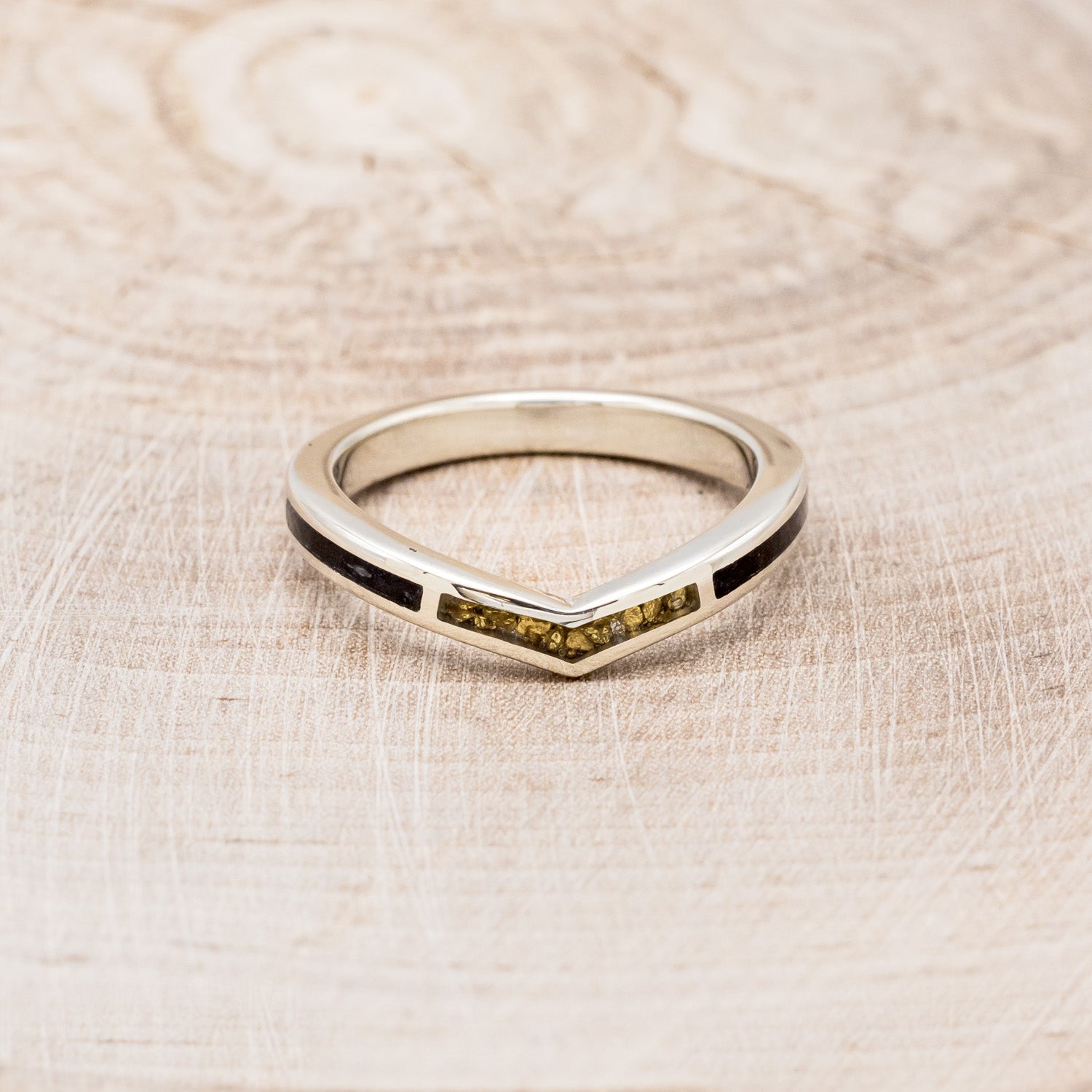 "KIDA" - V-SHARED WEDDING BAND WITH 3 INLAYS-Staghead Designs