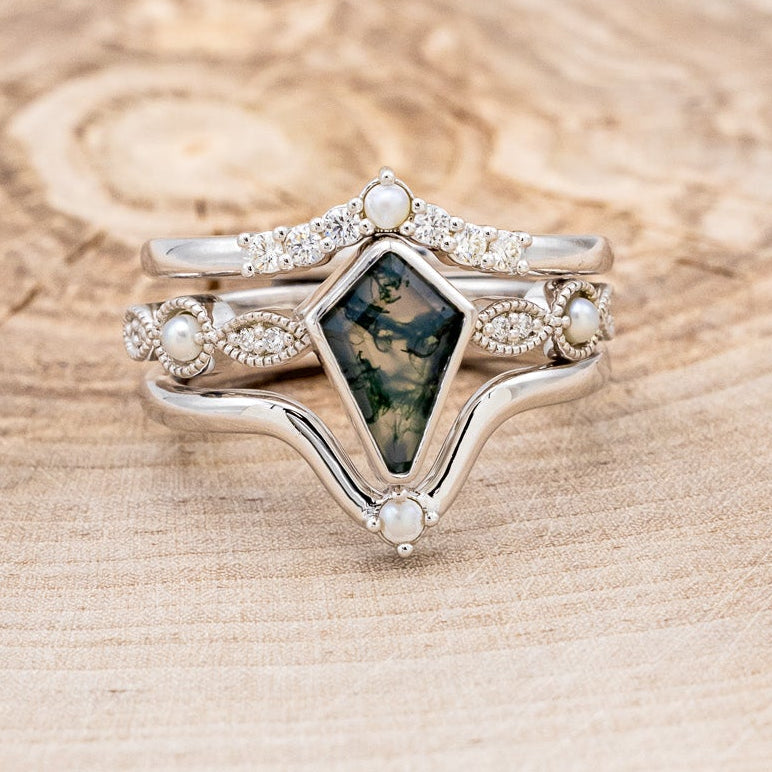 "BIANCA" - BRIDAL SUITE - KITE CUT MOSS AGATE ENGAGEMENT RING WITH PEARLS & DIAMOND ACCENTS-4