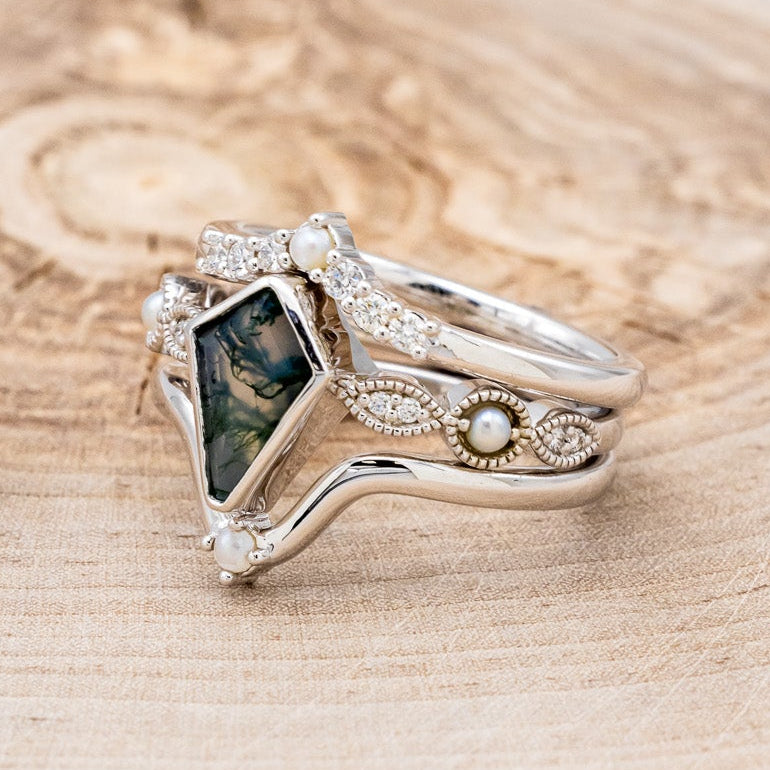 "BIANCA" - BRIDAL SUITE - KITE CUT MOSS AGATE ENGAGEMENT RING WITH PEARLS & DIAMOND ACCENTS-3