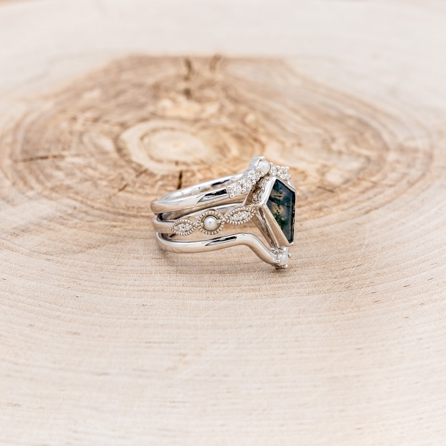 "BIANCA" - BRIDAL SUITE - KITE CUT MOSS AGATE ENGAGEMENT RING WITH PEARLS & DIAMOND ACCENTS-2