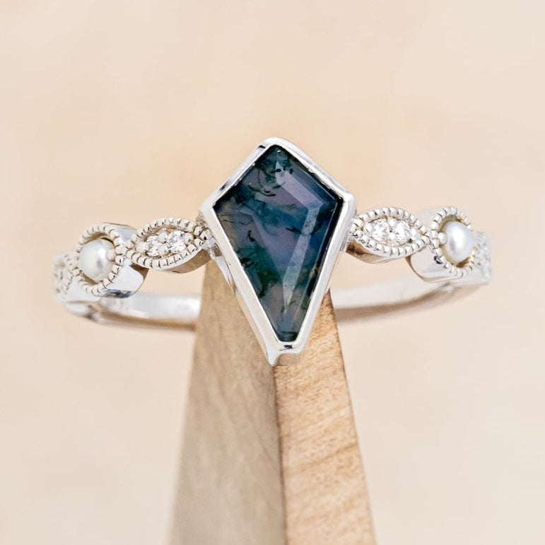 "BIANCA" - BRIDAL SUITE - KITE CUT MOSS AGATE ENGAGEMENT RING WITH PEARLS & DIAMOND ACCENTS-19