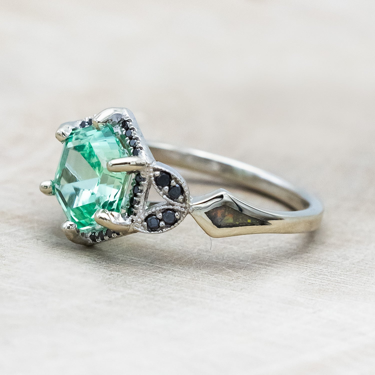 "LUCY IN THE SKY" - HEXAGON CUT LAB-GROWN SAPPHIRE ENGAGEMENT RING WITH BLACK DIAMONDS AND FIRE & ICE OPAL INLAYS-Staghead Designs