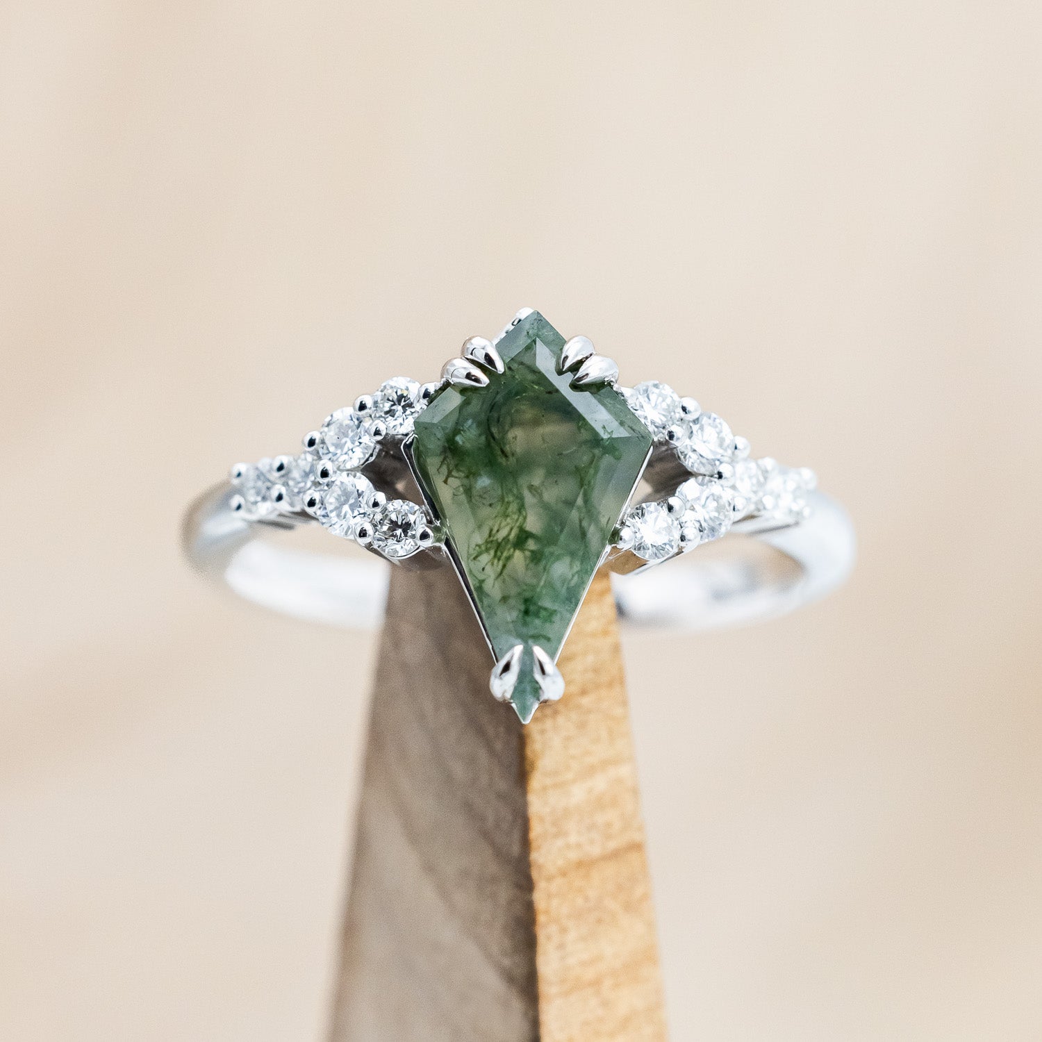 "LANIE" - KITE CUT MOSS AGATE ENGAGEMENT RING WITH DIAMOND ACCENTS-Staghead Designs