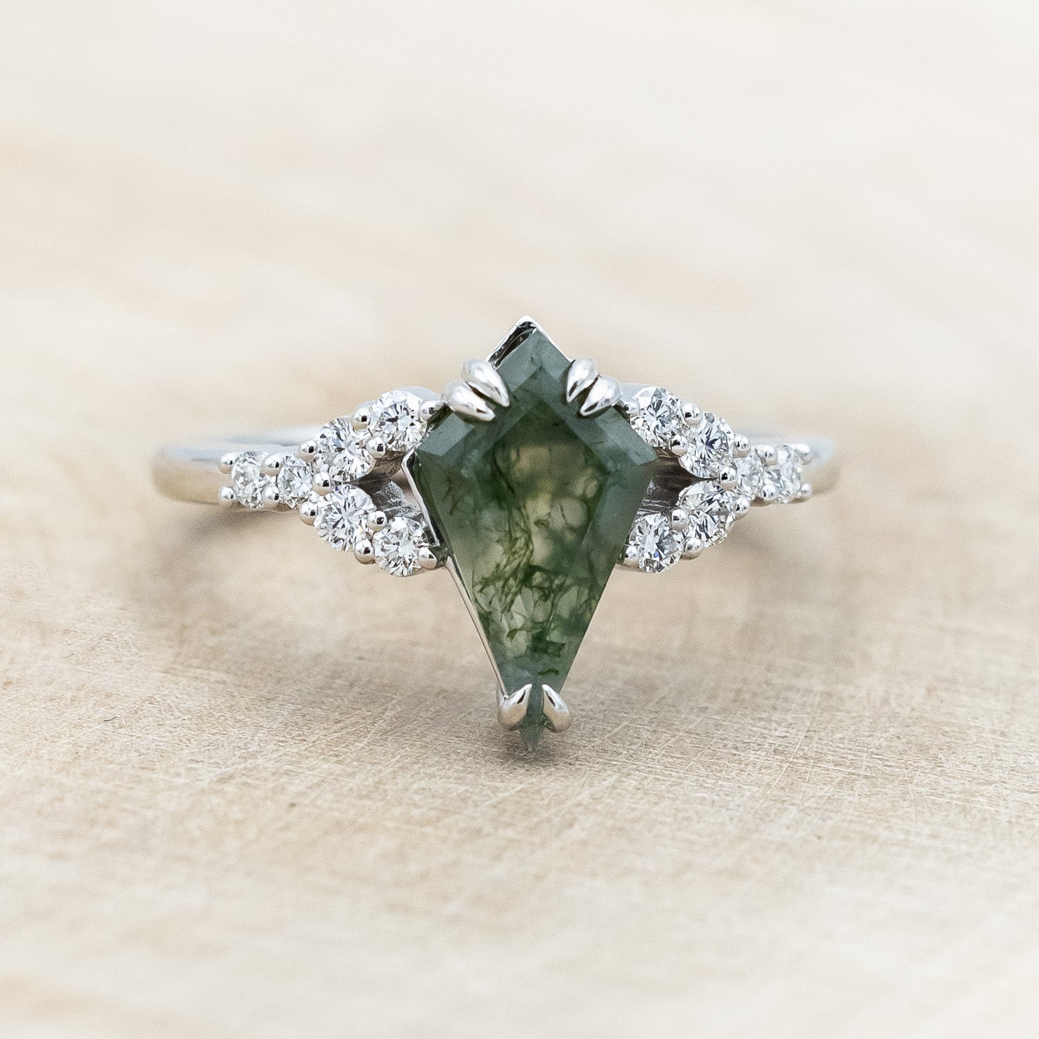 "LANIE" - KITE CUT MOSS AGATE ENGAGEMENT RING WITH DIAMOND ACCENTS-Staghead Designs
