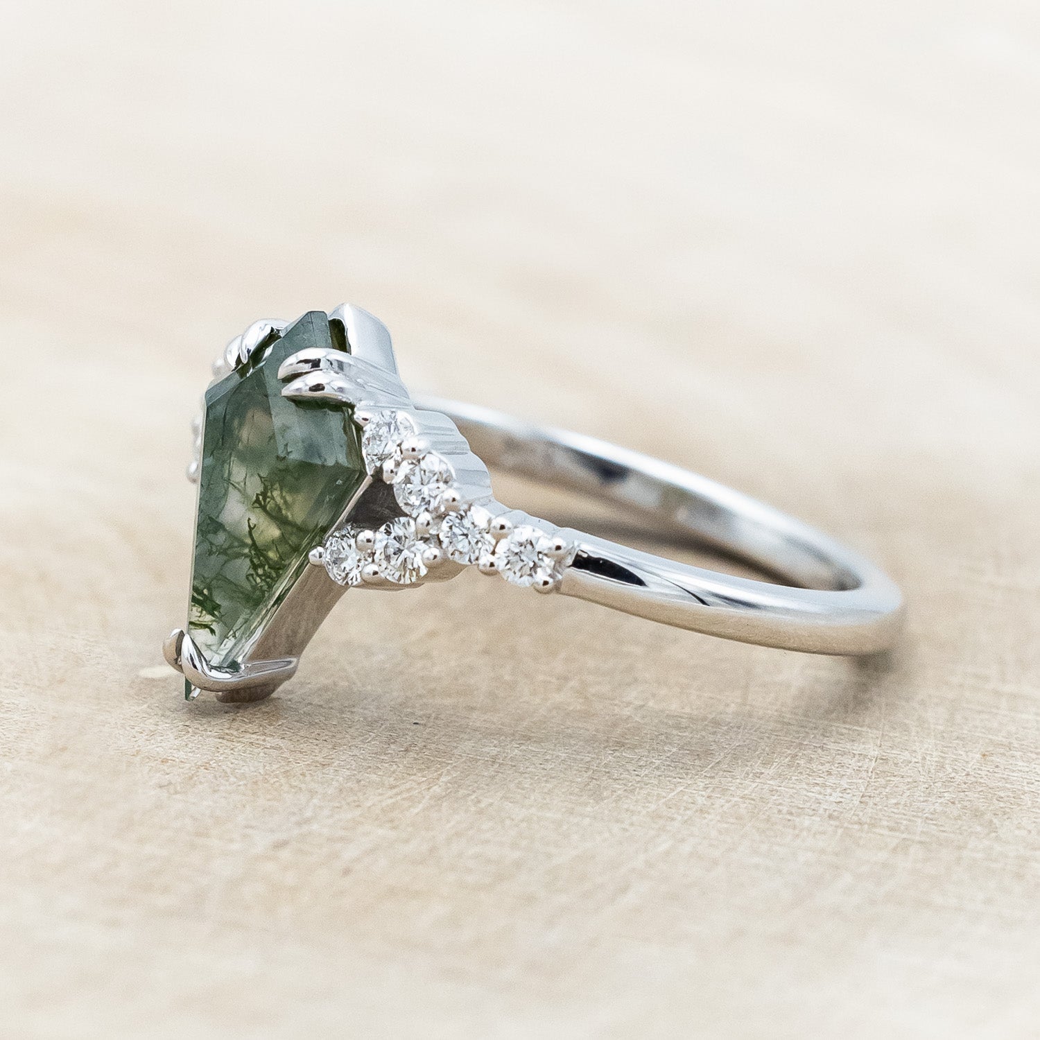 "LANIE" - KITE CUT MOSS AGATE ENGAGEMENT RING WITH DIAMOND ACCENTS-Staghead Designs