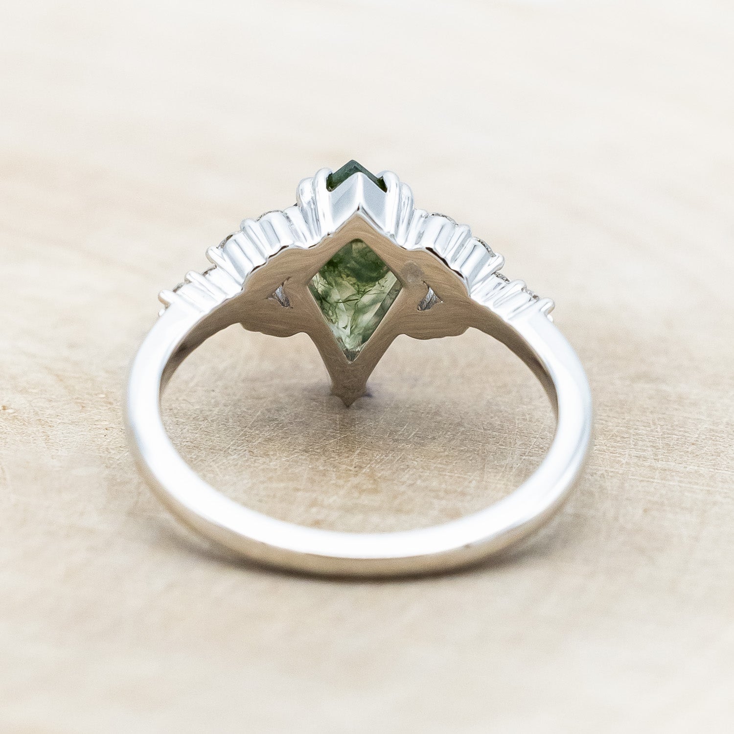 "LANIE" - KITE CUT MOSS AGATE ENGAGEMENT RING WITH DIAMOND ACCENTS-Staghead Designs