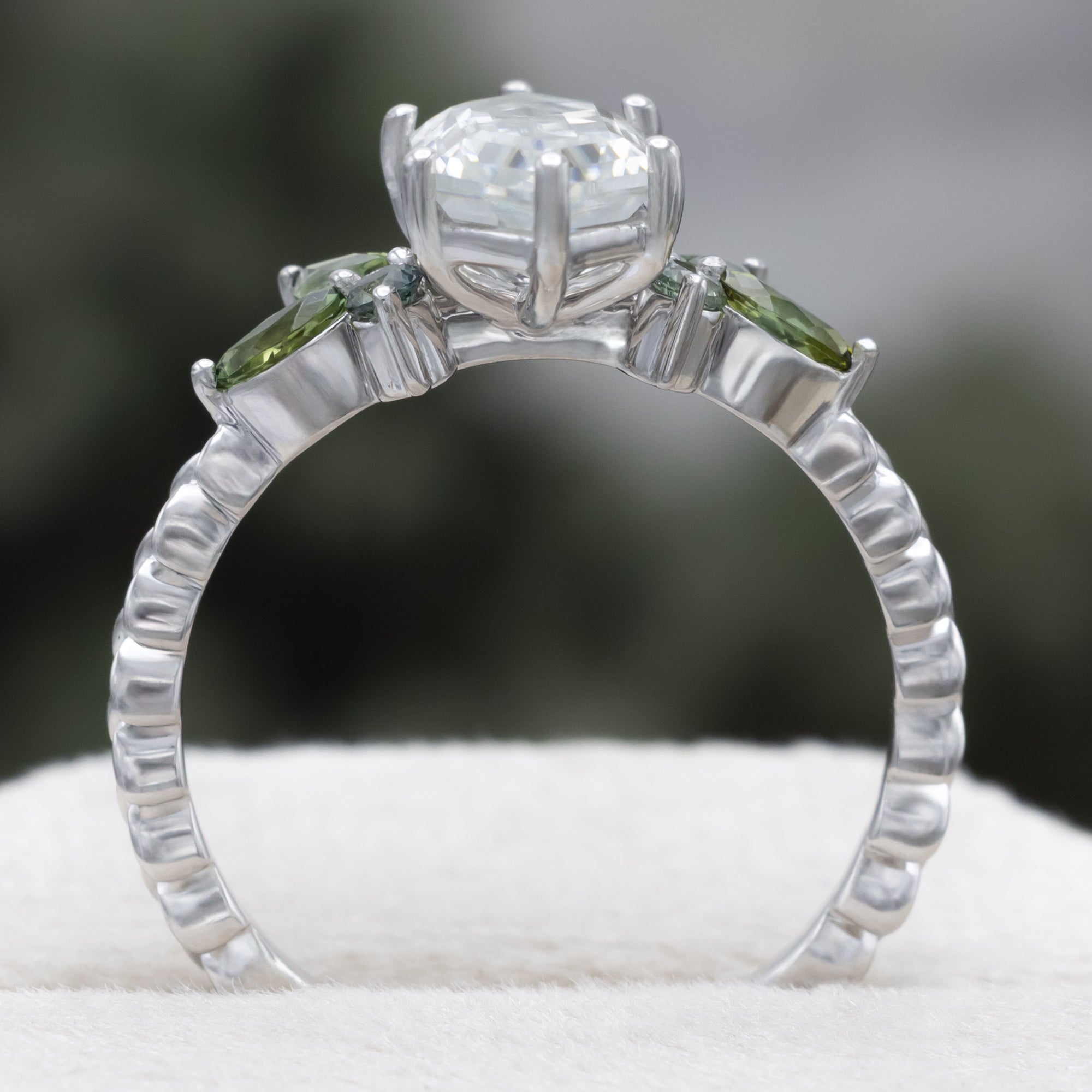 "Laurel" - Women's Wedding Ring Set With An Elongated Hexagon Moissanite Engagement Ring With Tourmaline And Montana Sapphire Accents-Staghead Designs