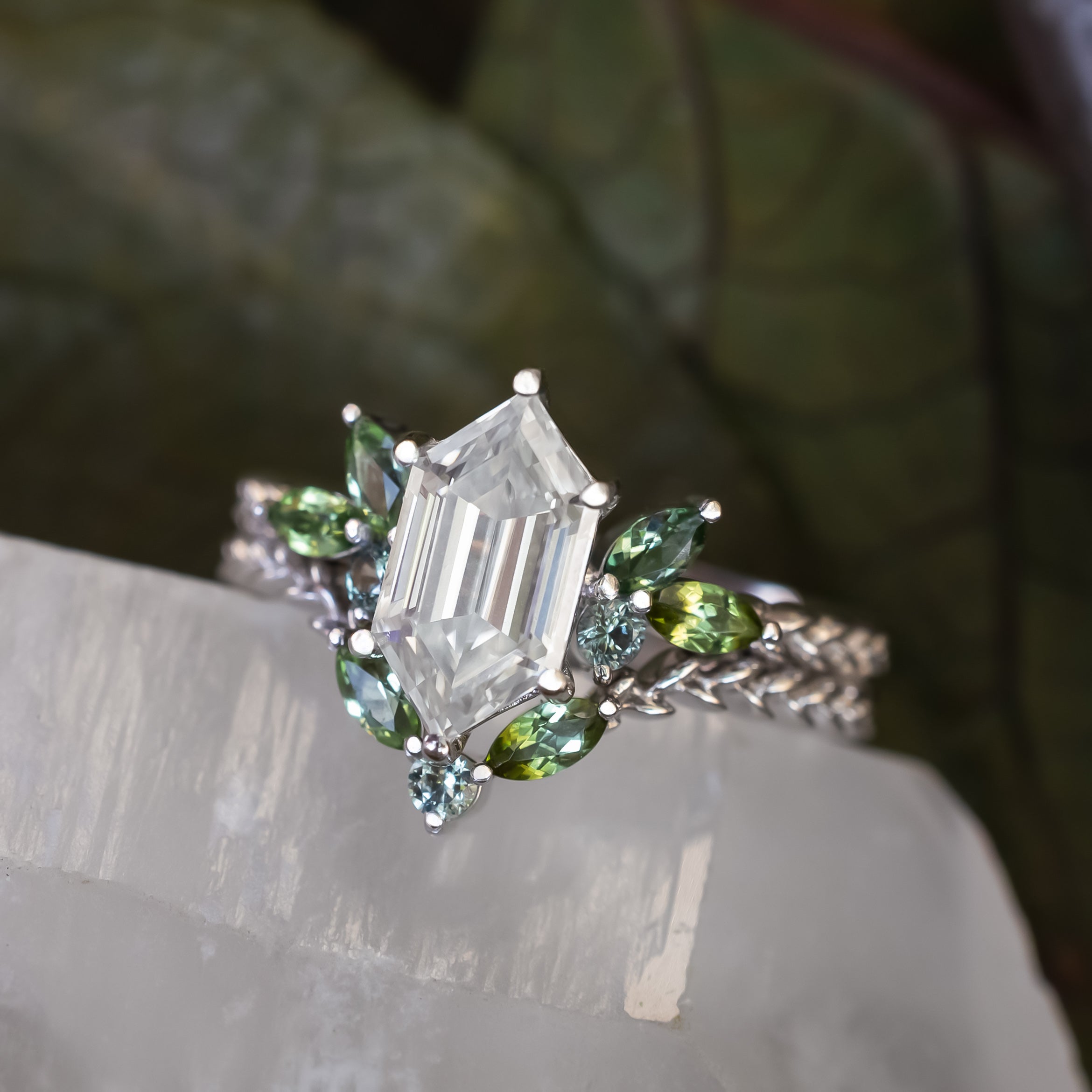 "Laurel" - Women's Wedding Ring Set With An Elongated Hexagon Moissanite Engagement Ring With Tourmaline And Montana Sapphire Accents-Staghead Designs