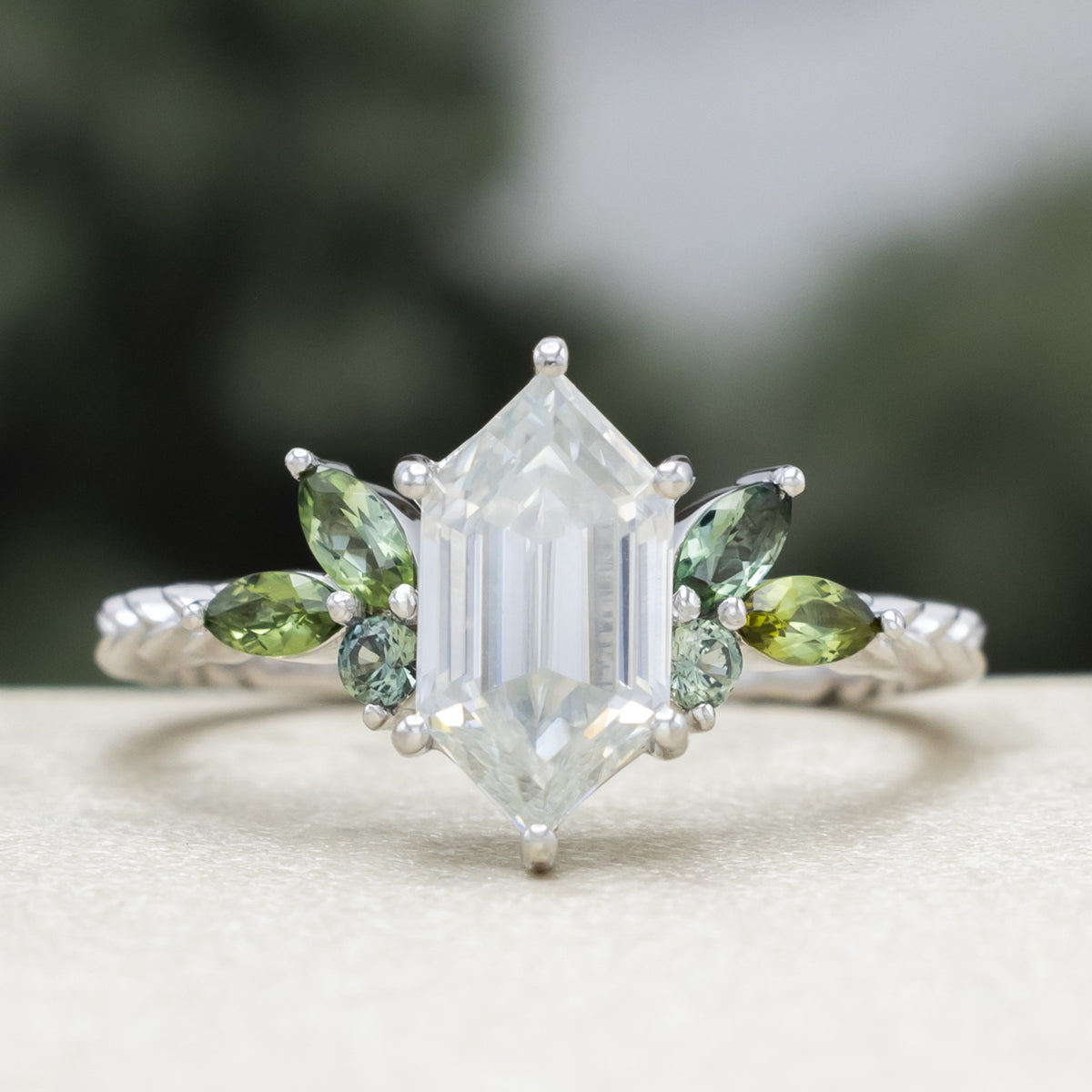 "Laurel" - Women's Wedding Ring Set With An Elongated Hexagon Moissanite Engagement Ring With Tourmaline And Montana Sapphire Accents-Staghead Designs
