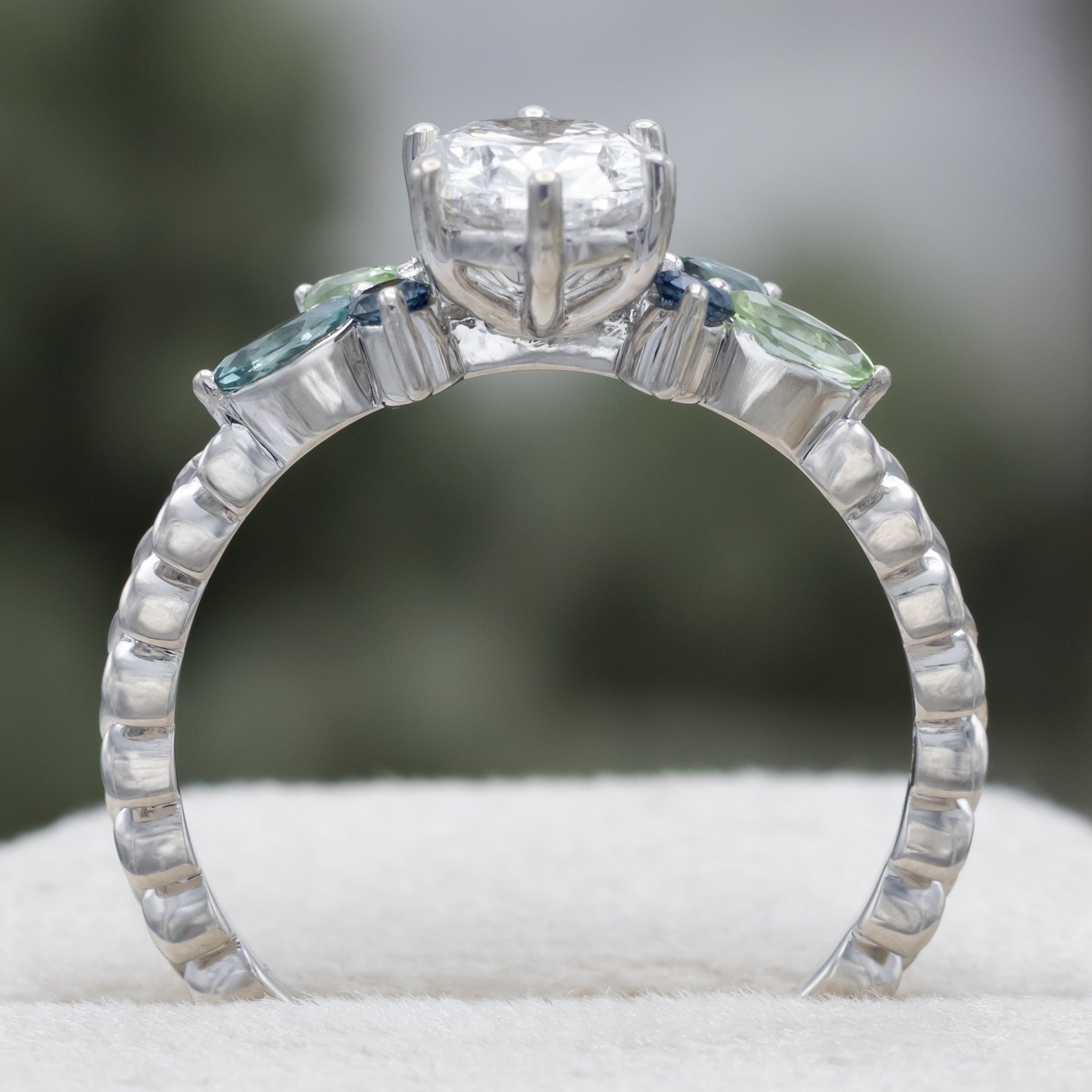 "Laurel" - Vine-Inspired Engagement Ring Featuring Teal Tourmaline & Montana Sapphire Accents With A Tracer - Mounting Only - Select Your Own Stone-Staghead Designs