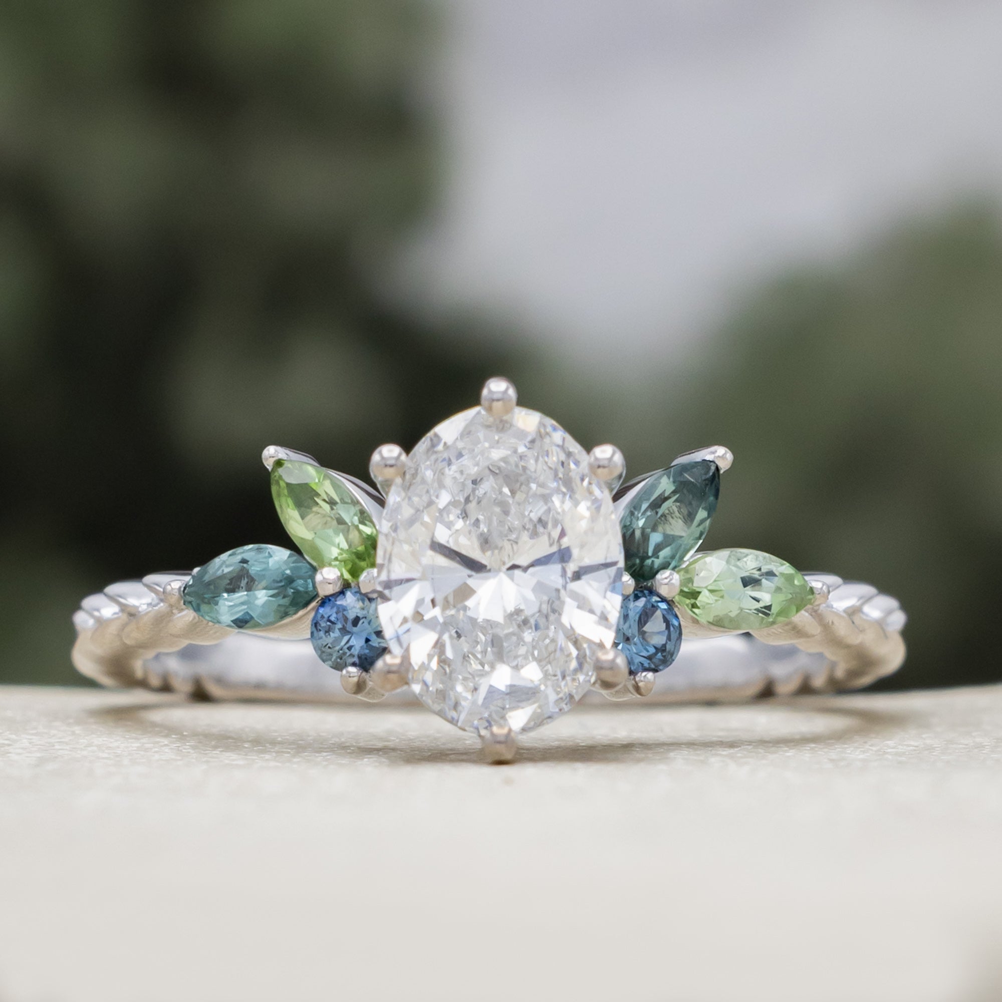 "Laurel" - Vine-Inspired Engagement Ring Featuring Teal Tourmaline & Montana Sapphire Accents With A Tracer - Mounting Only - Select Your Own Stone-Staghead Designs