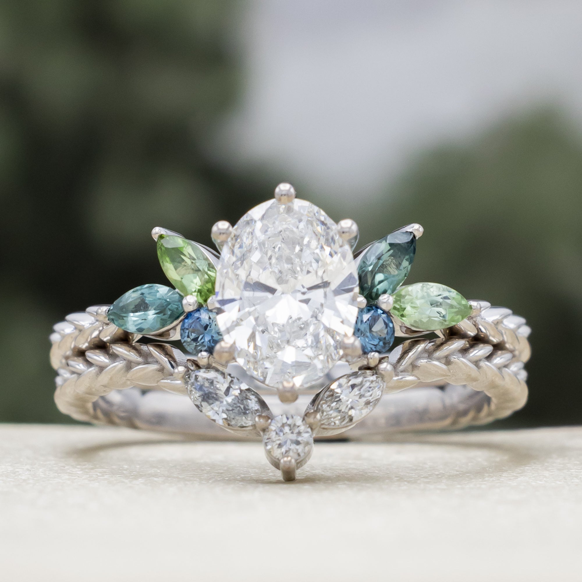 "Laurel" - Vine-Inspired Engagement Ring Featuring Teal Tourmaline & Montana Sapphire Accents With A Tracer - Mounting Only - Select Your Own Stone-Staghead Designs