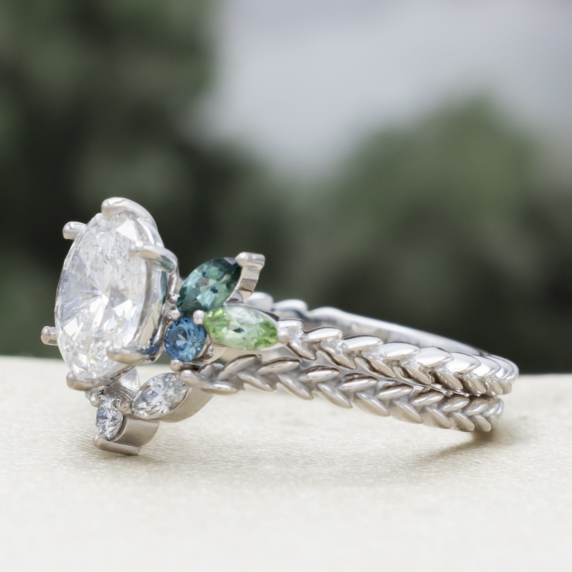 "Laurel" - Vine-Inspired Engagement Ring Featuring Teal Tourmaline & Montana Sapphire Accents With A Tracer - Mounting Only - Select Your Own Stone-Staghead Designs