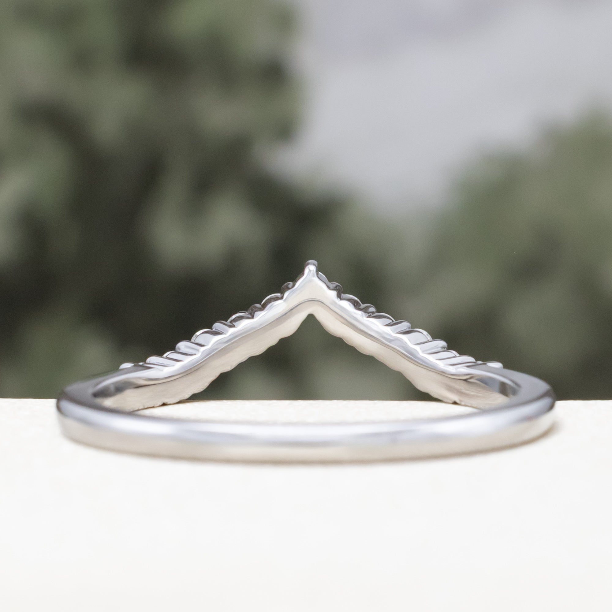 White gold ring with diamond accents on a blurred natural background