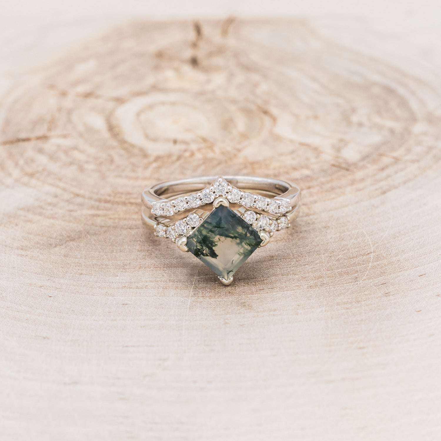 "LAYLA" - PRINCESS CUT MOSS AGATE ENGAGEMENT RING WITH DIAMOND ACCENTS & TRACER-4