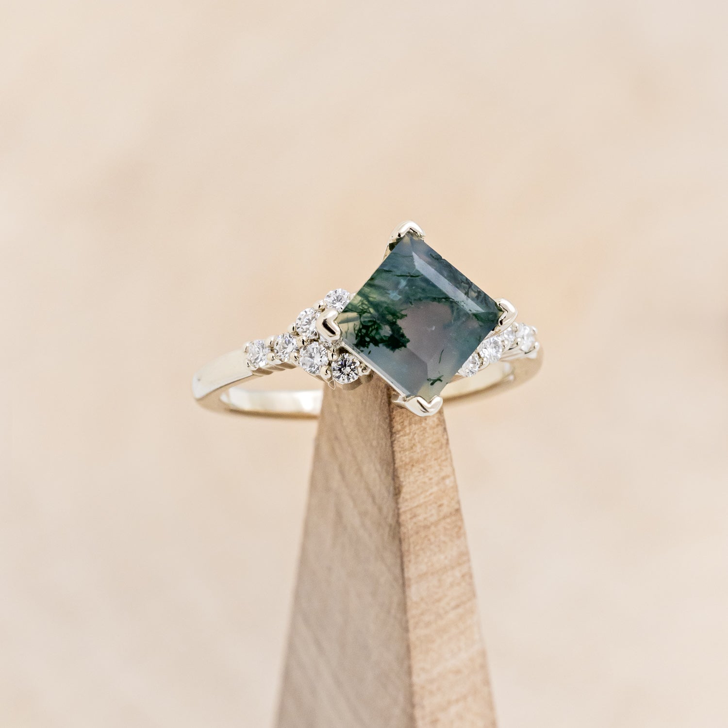 "LAYLA" - PRINCESS CUT MOSS AGATE ENGAGEMENT RING WITH DIAMOND ACCENTS & TRACER-7