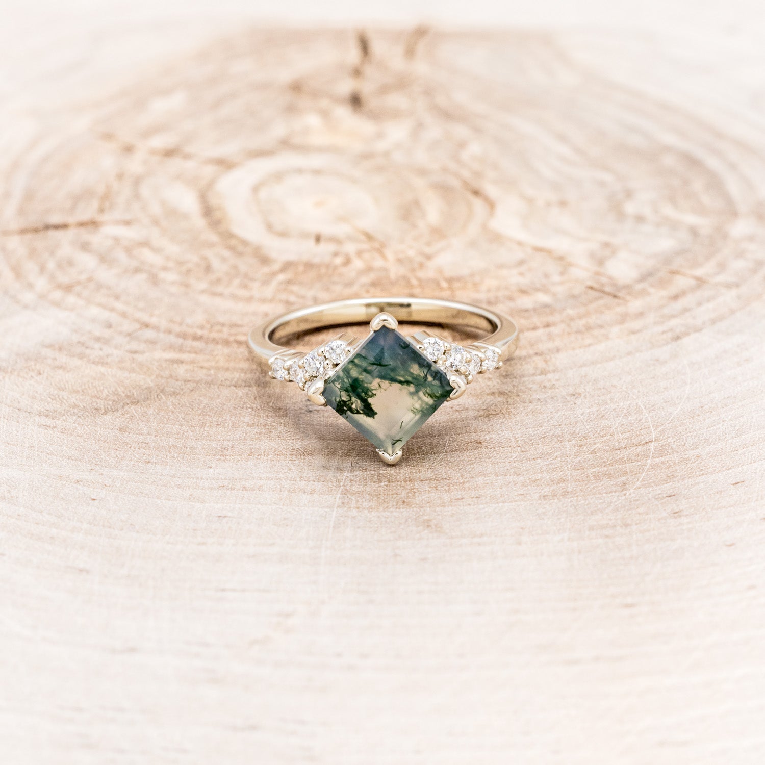 "LAYLA" - PRINCESS CUT MOSS AGATE ENGAGEMENT RING WITH DIAMOND ACCENTS & TRACER-10
