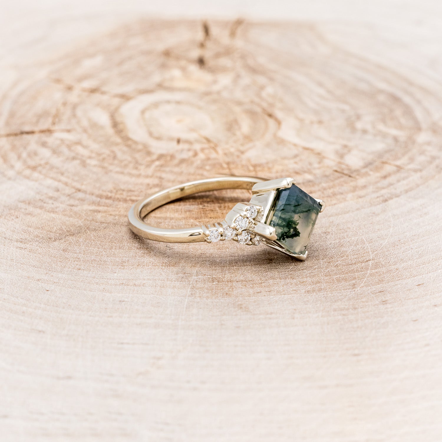 "LAYLA" - PRINCESS CUT MOSS AGATE ENGAGEMENT RING WITH DIAMOND ACCENTS & TRACER-8
