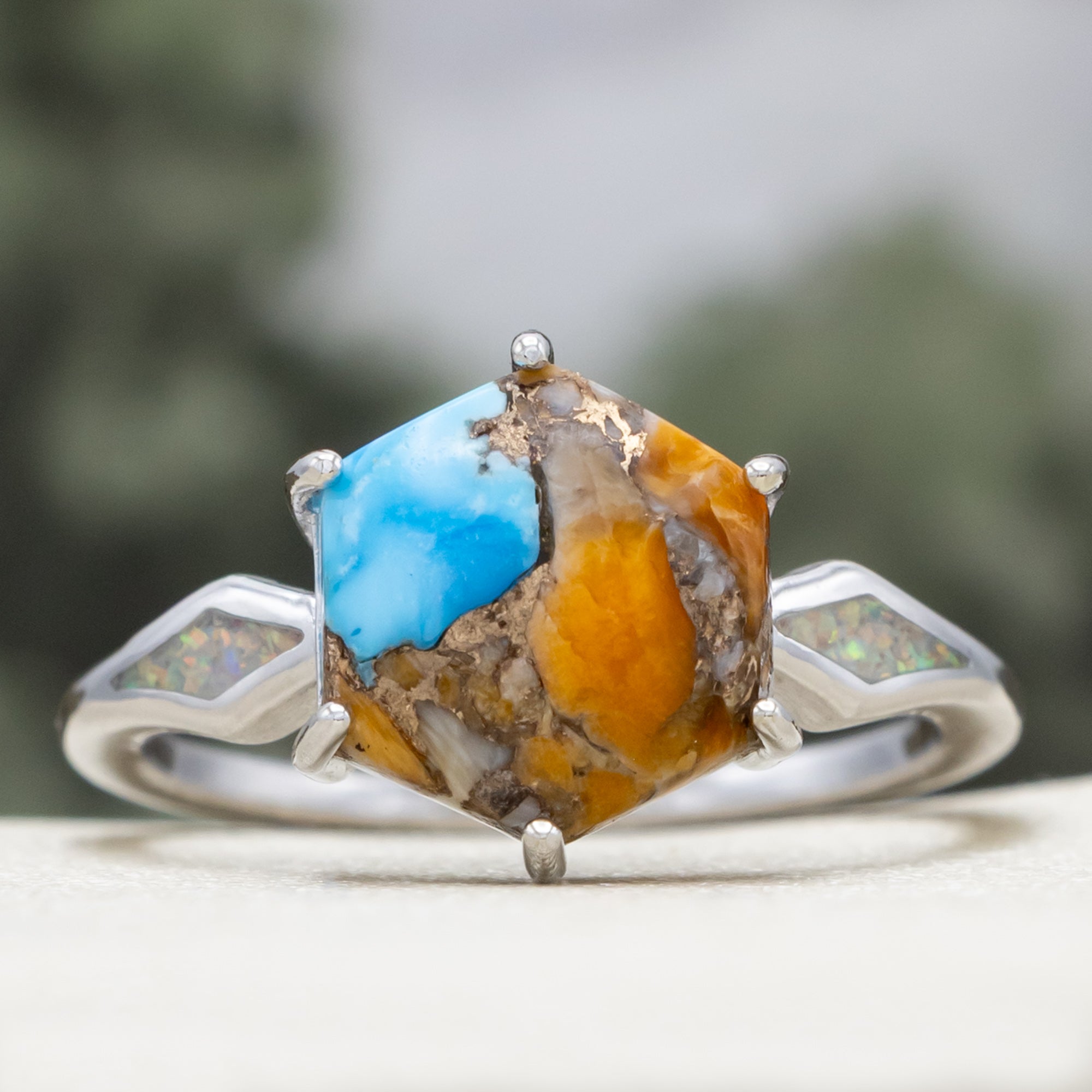 "LOVE STORY" - HEXAGON CABOCHON CUT SPINY OYSTER TURQUOISE ENGAGEMENT RING WITH FIRE & ICE OPAL INLAYS