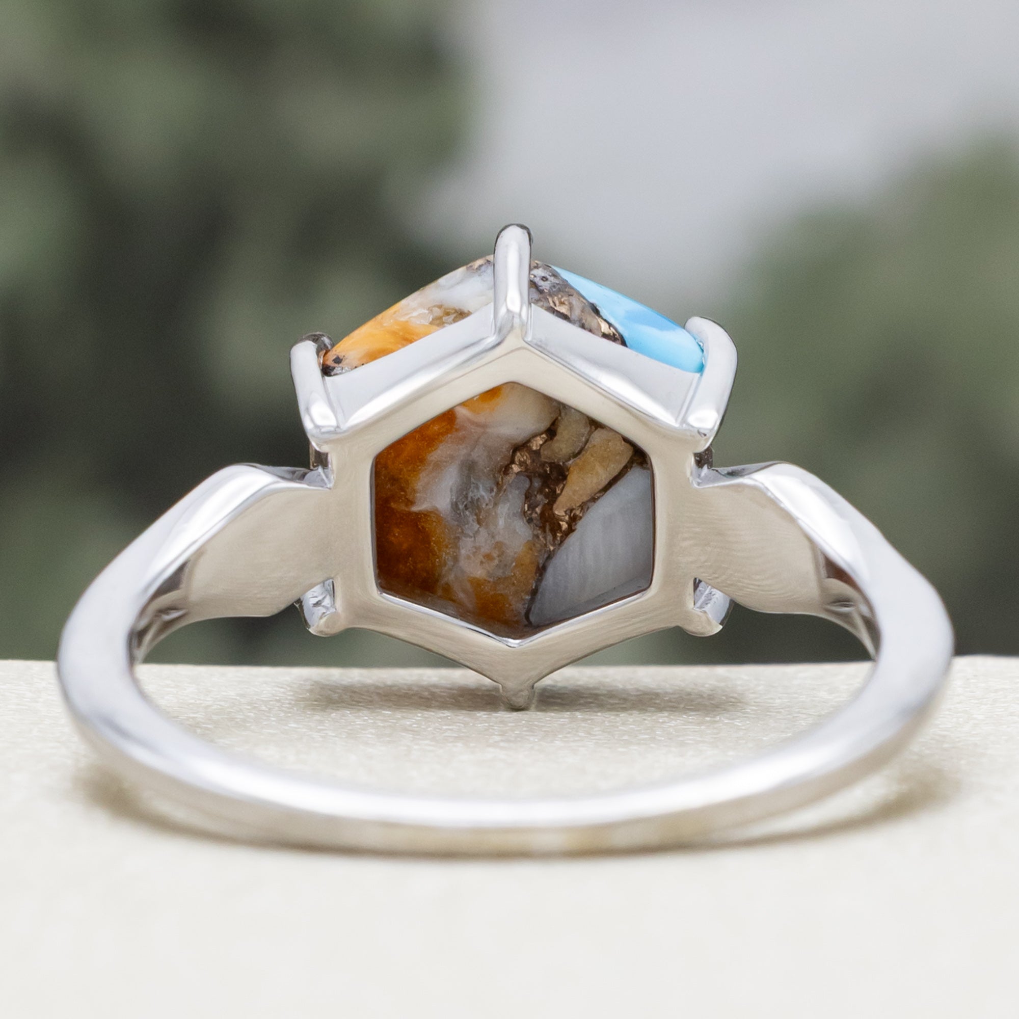 "LOVE STORY" - HEXAGON CABOCHON CUT SPINY OYSTER TURQUOISE ENGAGEMENT RING WITH FIRE & ICE OPAL INLAYS