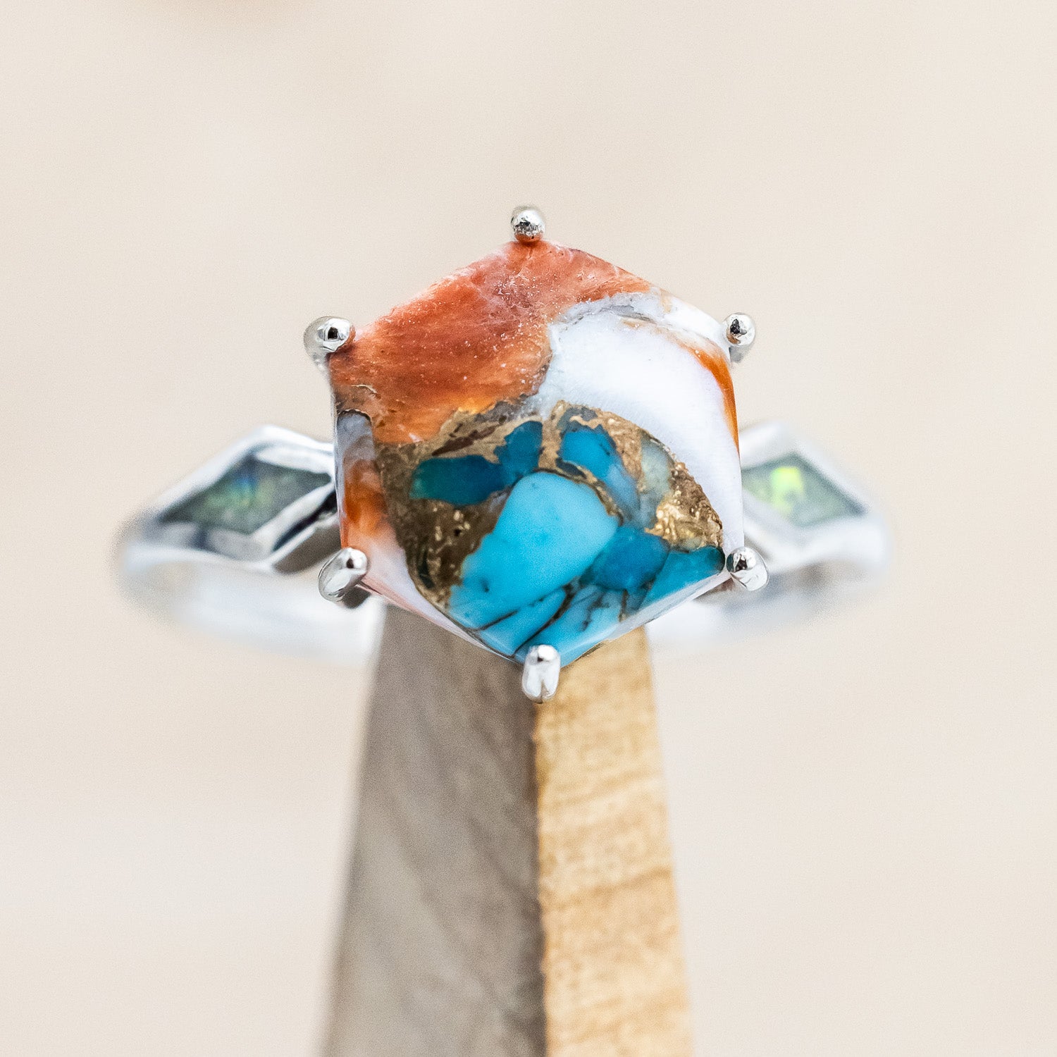 "LOVE STORY" - HEXAGON SPINY OYSTER TURQUOISE ENGAGEMENT RING WITH FIRE & ICE OPAL INLAYS-Staghead Designs