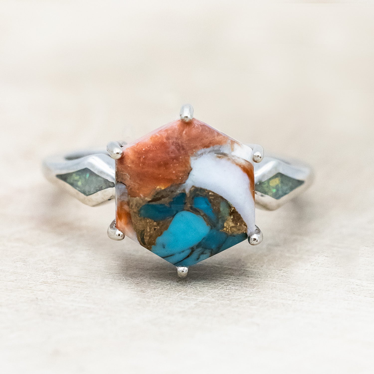 "LOVE STORY" - HEXAGON SPINY OYSTER TURQUOISE ENGAGEMENT RING WITH FIRE & ICE OPAL INLAYS-Staghead Designs