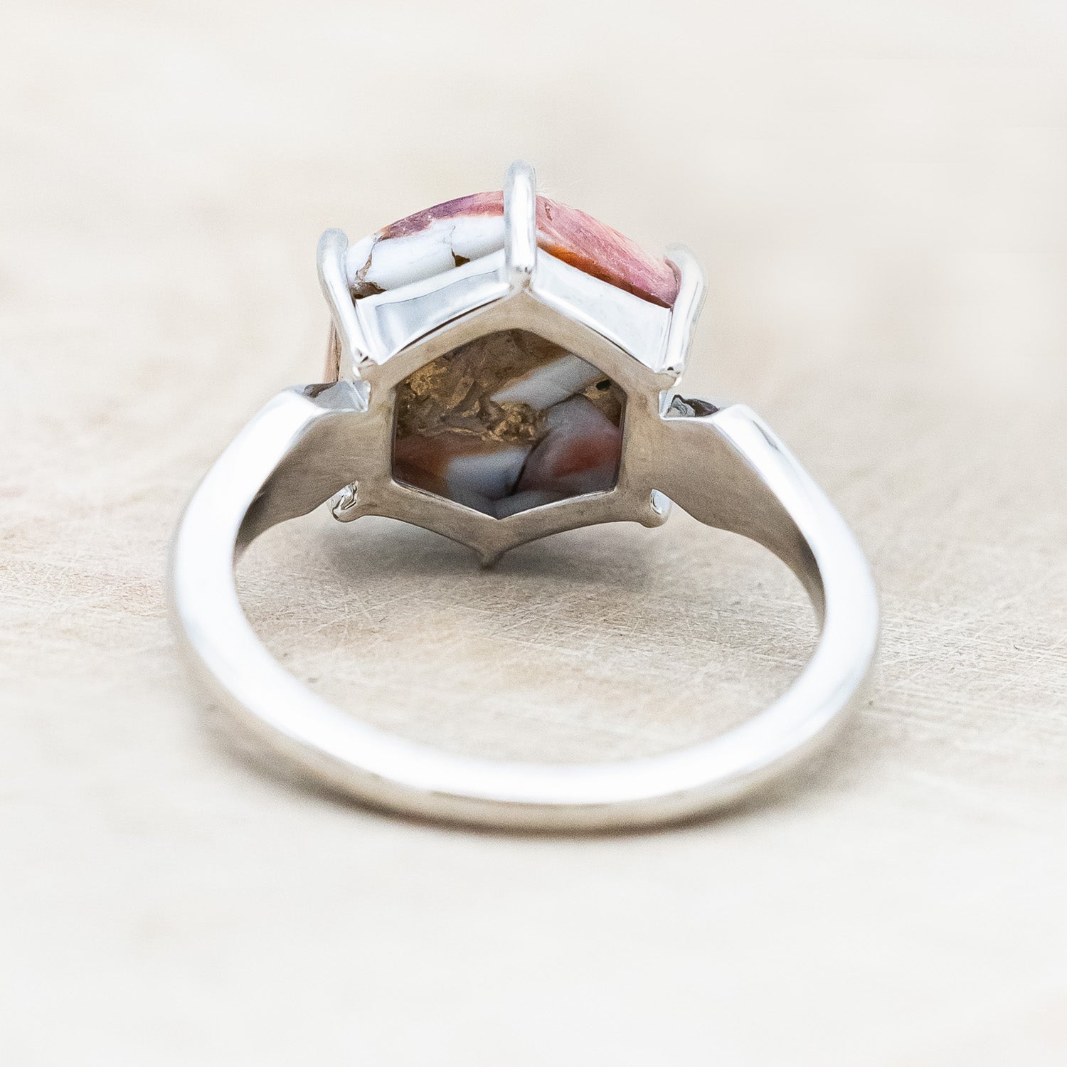 "LOVE STORY" - HEXAGON SPINY OYSTER TURQUOISE ENGAGEMENT RING WITH FIRE & ICE OPAL INLAYS-Staghead Designs