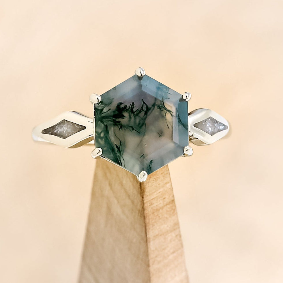 "LOVE STORY" - HEXAGON MOSS AGATE ENGAGEMENT RING WITH DIAMOND DUST INLAYS-12