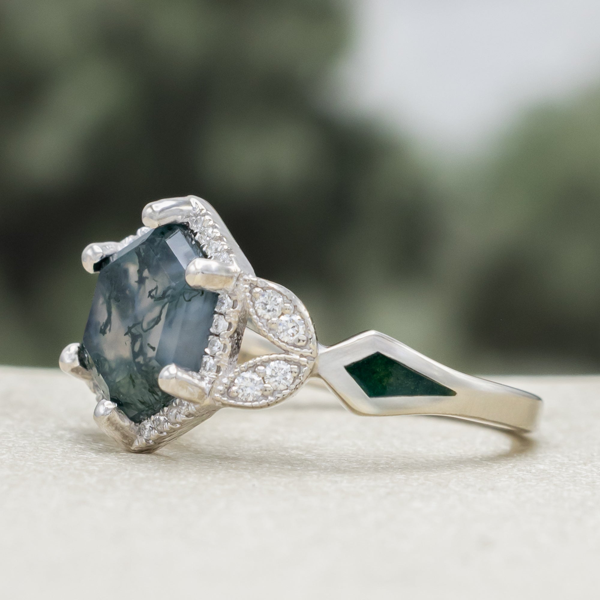 "Lucy In The Sky" - Hexagon Cut Moss Agate Engagement Ring With Moss Inlays & Diamond Ring Guard Or Tracer-Staghead Designs
