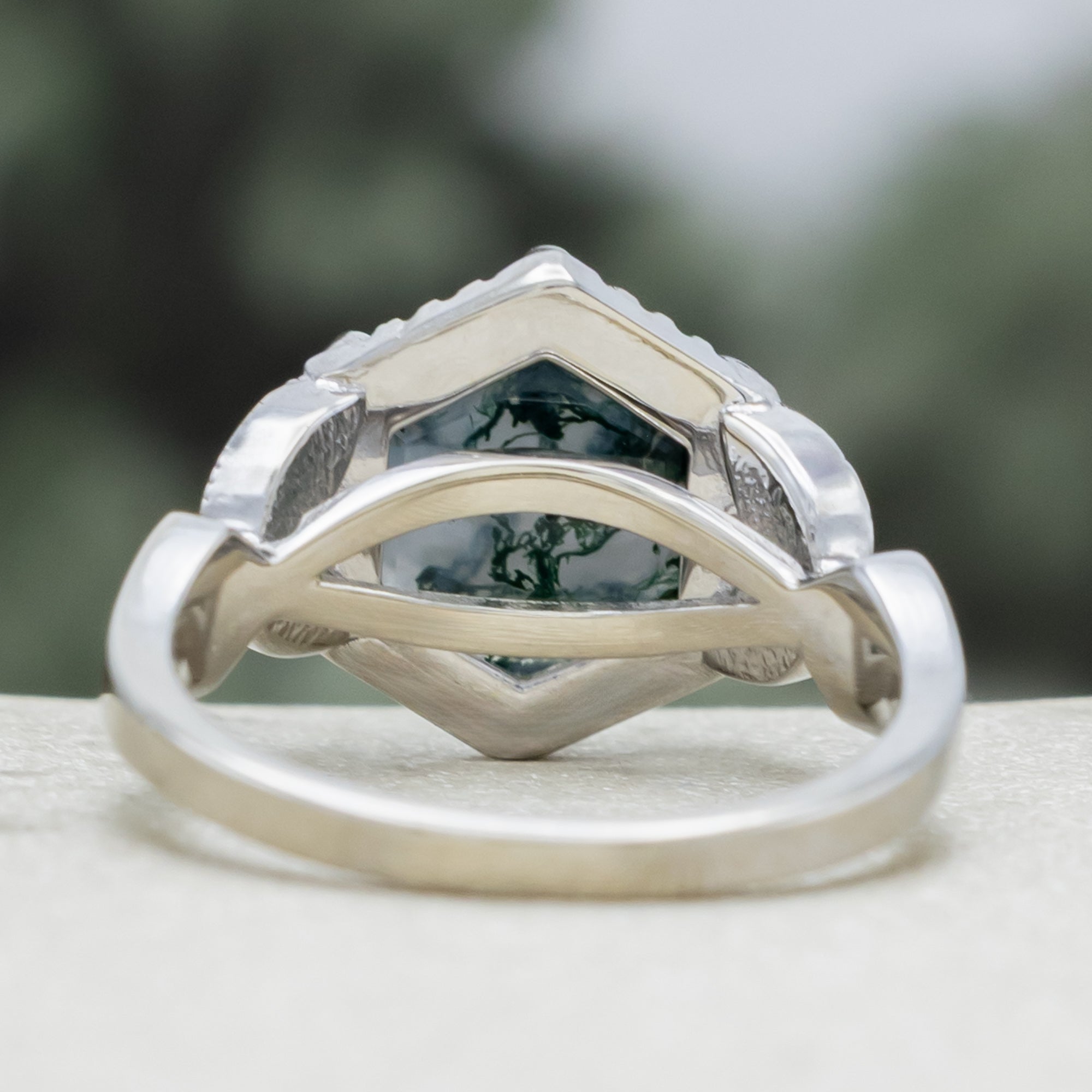 "Lucy In The Sky" - Hexagon Cut Moss Agate Engagement Ring With Moss Inlays & Diamond Ring Guard Or Tracer-Staghead Designs