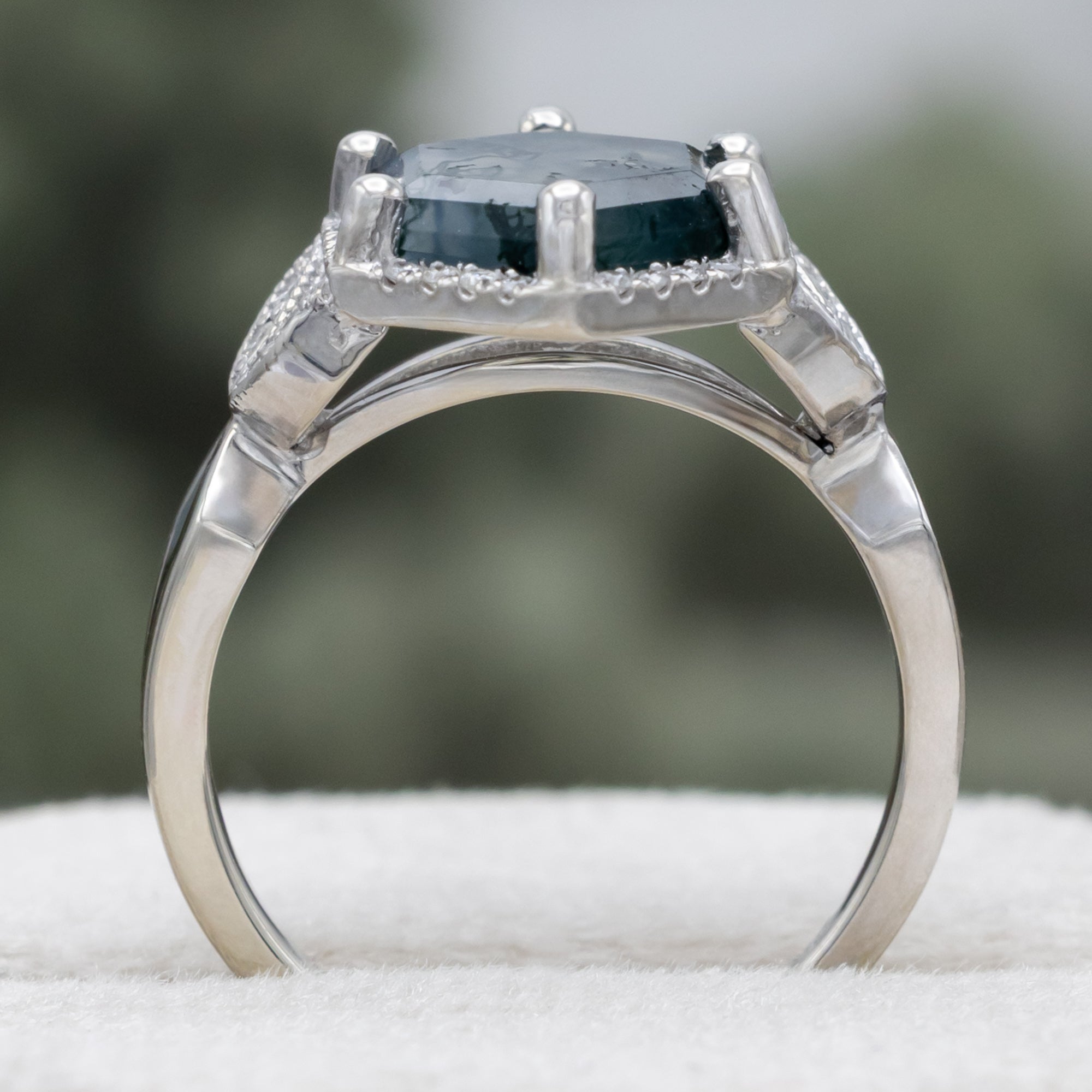 "Lucy In The Sky" - Hexagon Cut Moss Agate Engagement Ring With Moss Inlays & Diamond Ring Guard Or Tracer-Staghead Designs