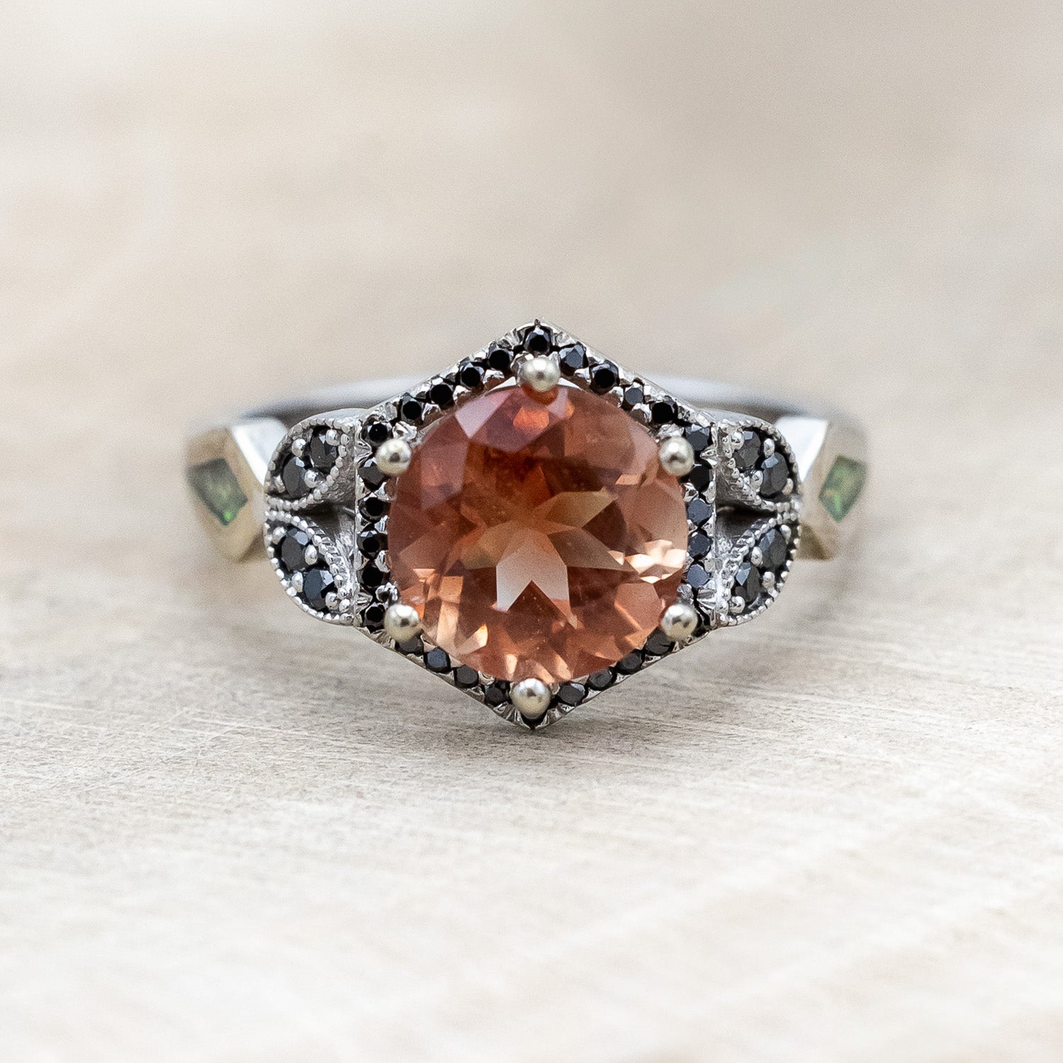 "LUCY IN THE SKY" - ROUND CUT OREGON SUNSTONE ENGAGEMENT RING WITH BLACK DIAMOND ACCENTS & FIRE AND ICE OPAL INLAYS-Staghead Designs