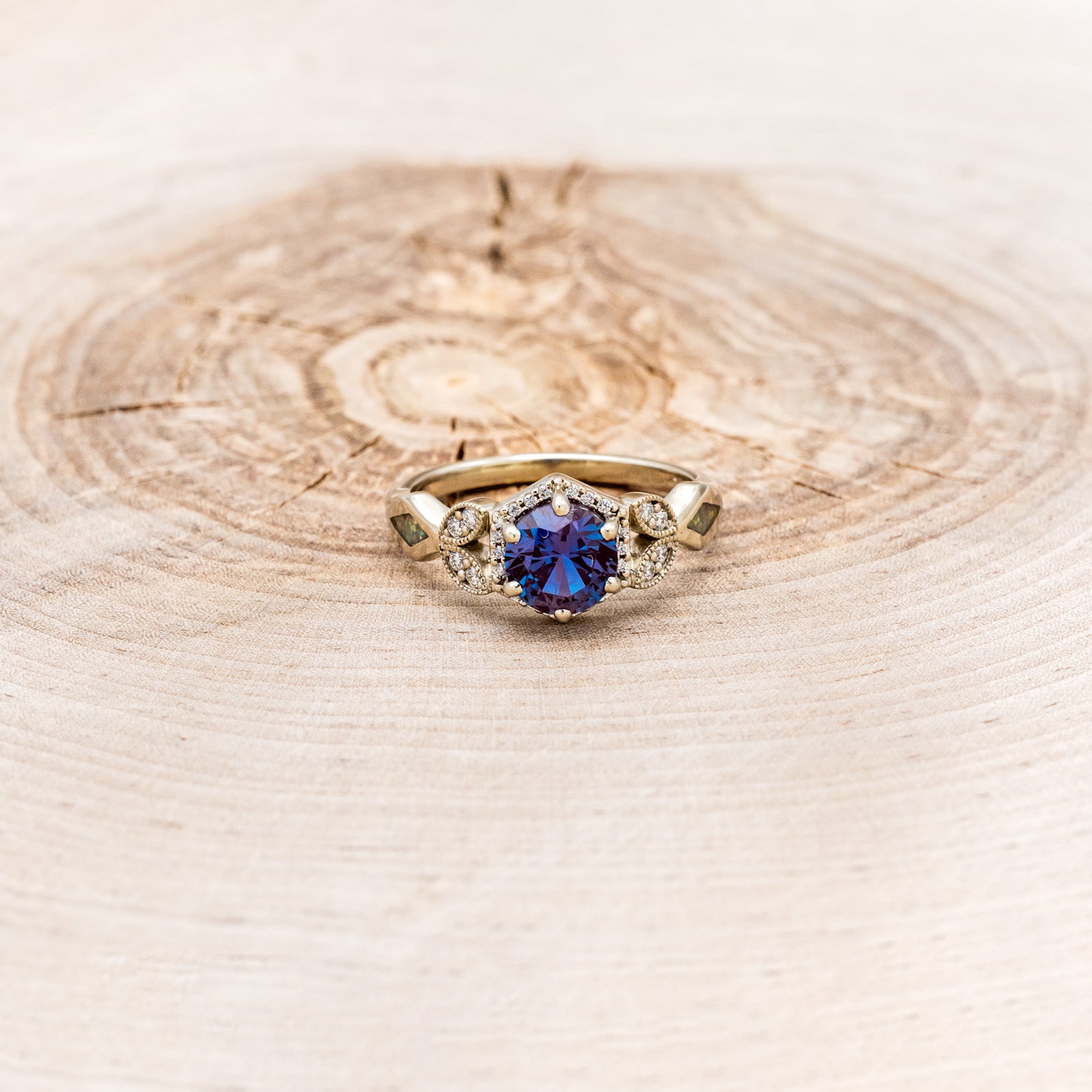 "LUCY IN THE SKY" PETITE - ROUND CUT LAB-GROWN ALEXANDRITE ENGAGEMENT RING WITH DIAMOND ACCENTS & FIRE & ICE OPAL INLAYS-4