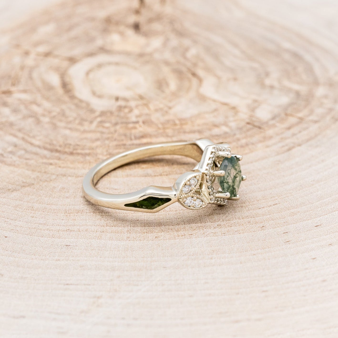 "LUCY IN THE SKY" PETITE - ROUND MOSS AGATE ENGAGEMENT RING WITH DIAMOND HALO & MOSS INLAYS - READY TO SHIP-Staghead Designs