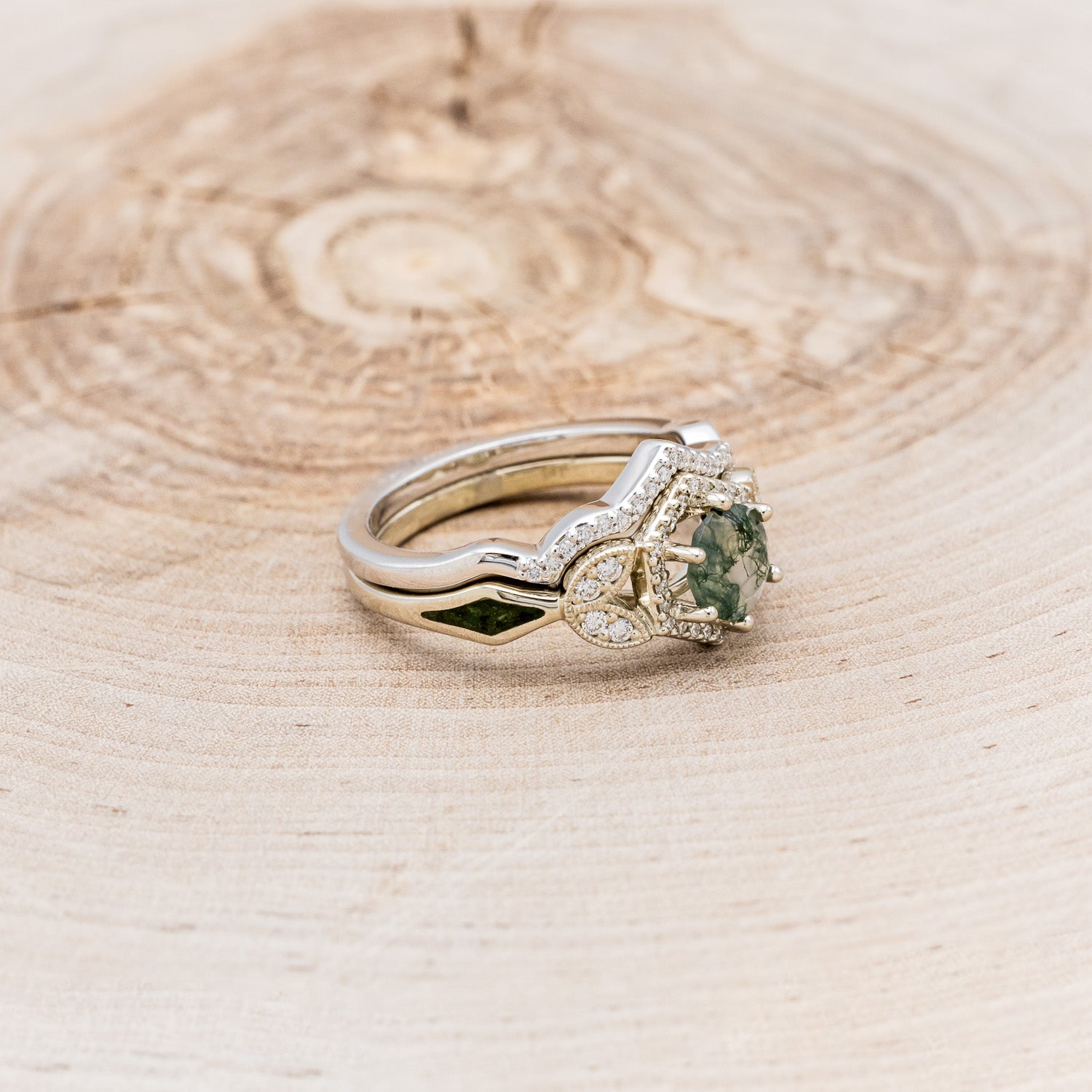 "LUCY IN THE SKY" PETITE - ROUND MOSS AGATE ENGAGEMENT RING WITH DIAMOND HALO, MOSS INLAYS AND DIAMOND TRACER-2