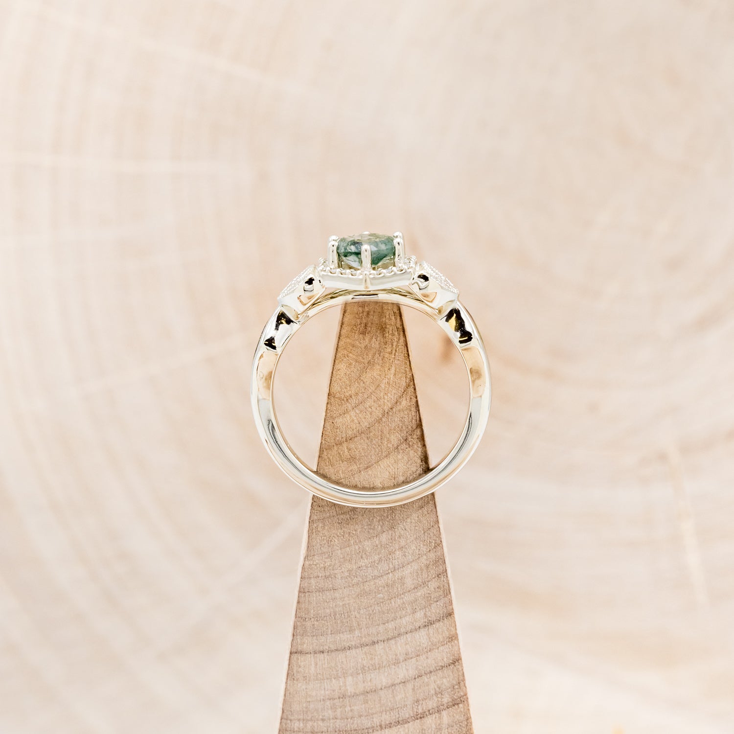 "LUCY IN THE SKY" PETITE - ROUND MOSS AGATE ENGAGEMENT RING WITH DIAMOND HALO & MOSS INLAYS - READY TO SHIP-Staghead Designs