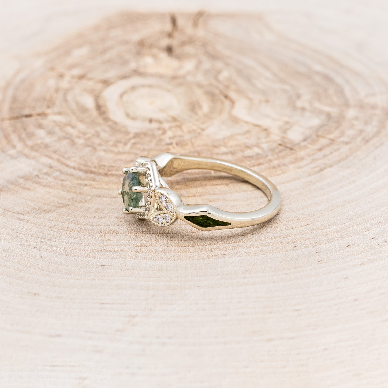 "LUCY IN THE SKY" PETITE - ROUND MOSS AGATE ENGAGEMENT RING WITH DIAMOND HALO & MOSS INLAYS - READY TO SHIP-Staghead Designs