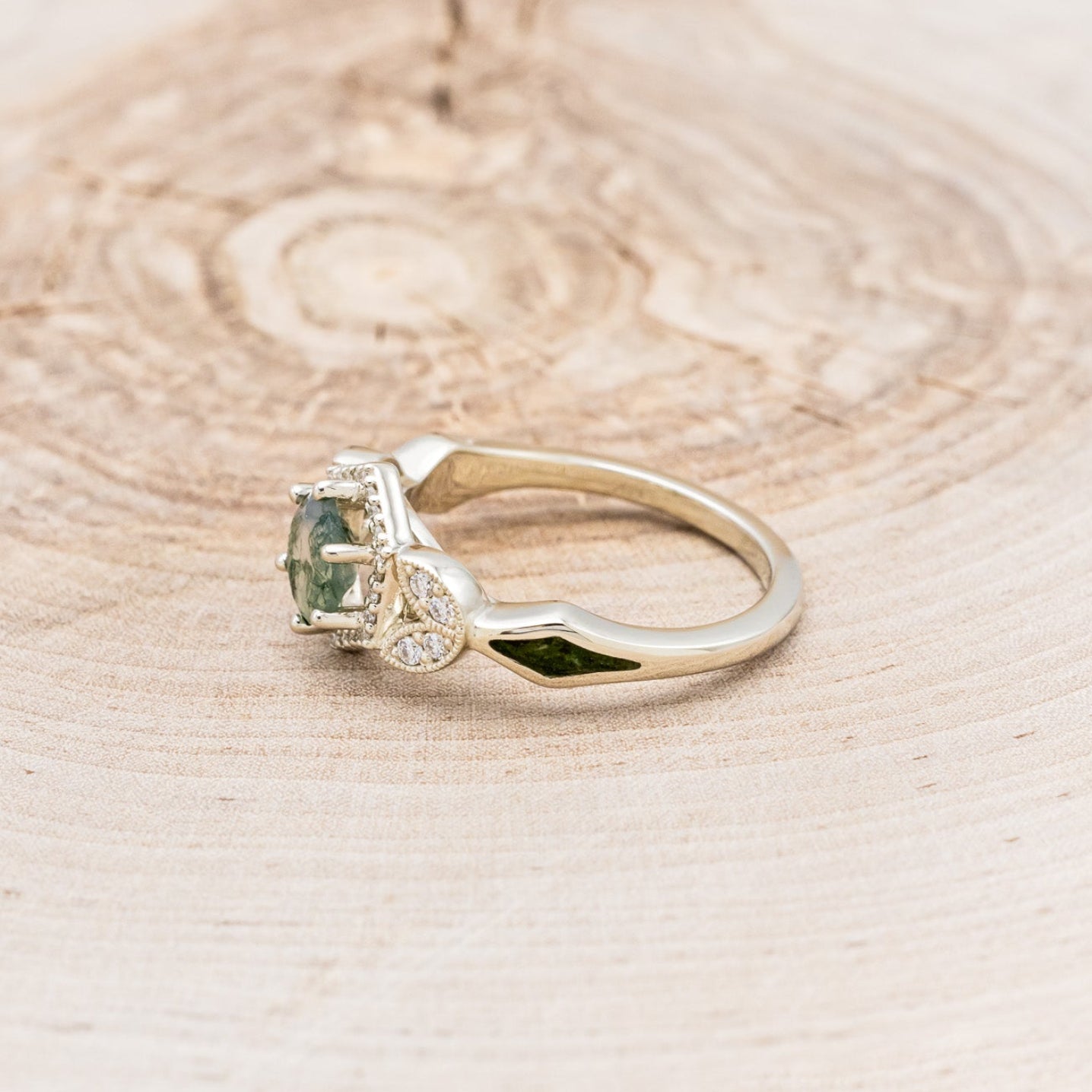 "LUCY IN THE SKY" PETITE - ROUND MOSS AGATE ENGAGEMENT RING WITH DIAMOND HALO & MOSS INLAYS - READY TO SHIP-Staghead Designs