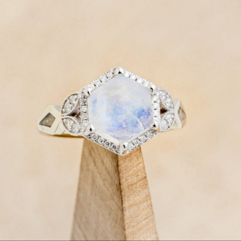 "LUCY IN THE SKY" - FACETED HEXAGON MOONSTONE WEDDING BAND SET WITH DIAMOND HALO & TRACER-7