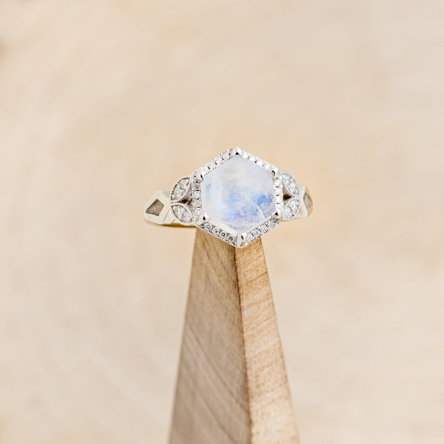 MATCHING SET OF "LUCY IN THE SKY" FACETED HEXAGON MOONSTONE & "DYAD" ANTLER INLAY WEDDING RINGS-8